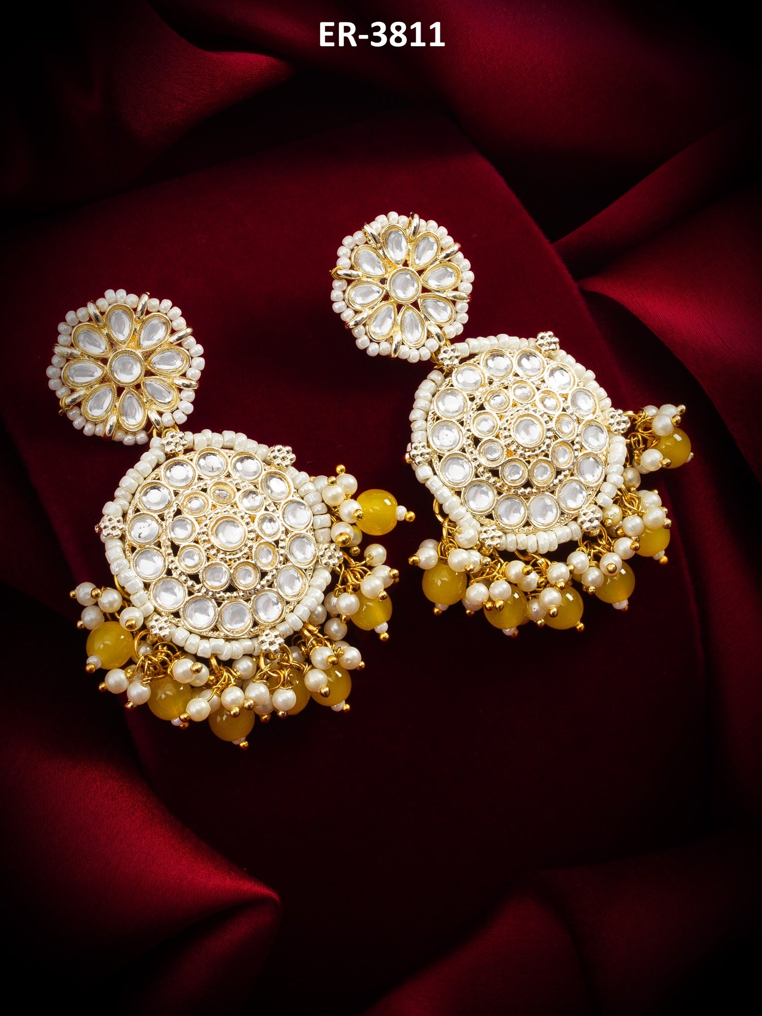 Kundan Round Chandbali Earrings with Yellow Beads and Pearl Cluster – View 5 | Aadita Jewelry