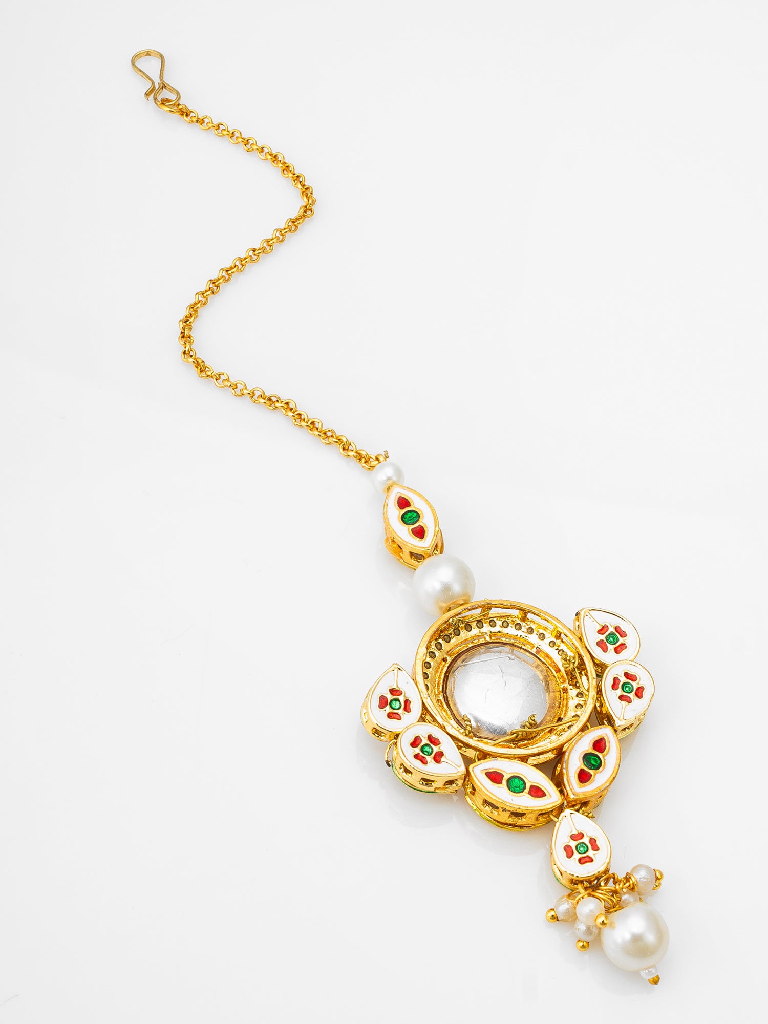 Gold-Plated Kundan Maang Tikka with Stone and Pearl Cluster Drop – View 2 | Aadita Jewelry
