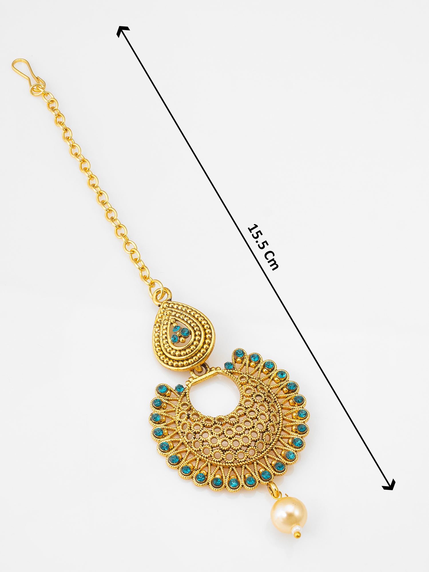 Gold-Plated Chandbali Maang Tikka with Teal AD Stones and Pearl Drop – View 4 | Aadita Jewelry