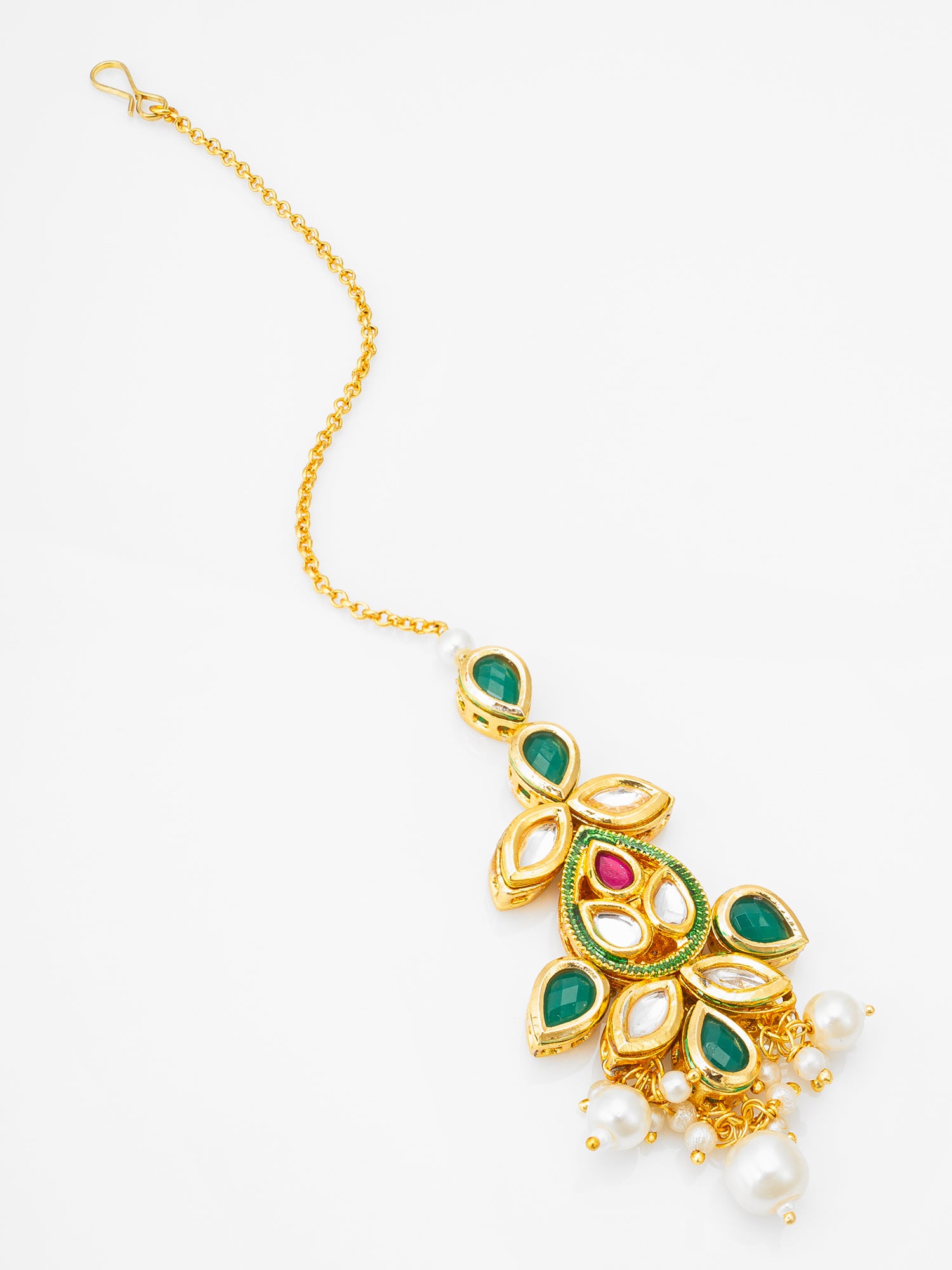 Gold-Plated Kundan and Emerald Green Maang Tikka with Pearl Dangles | Aadita Jewelry