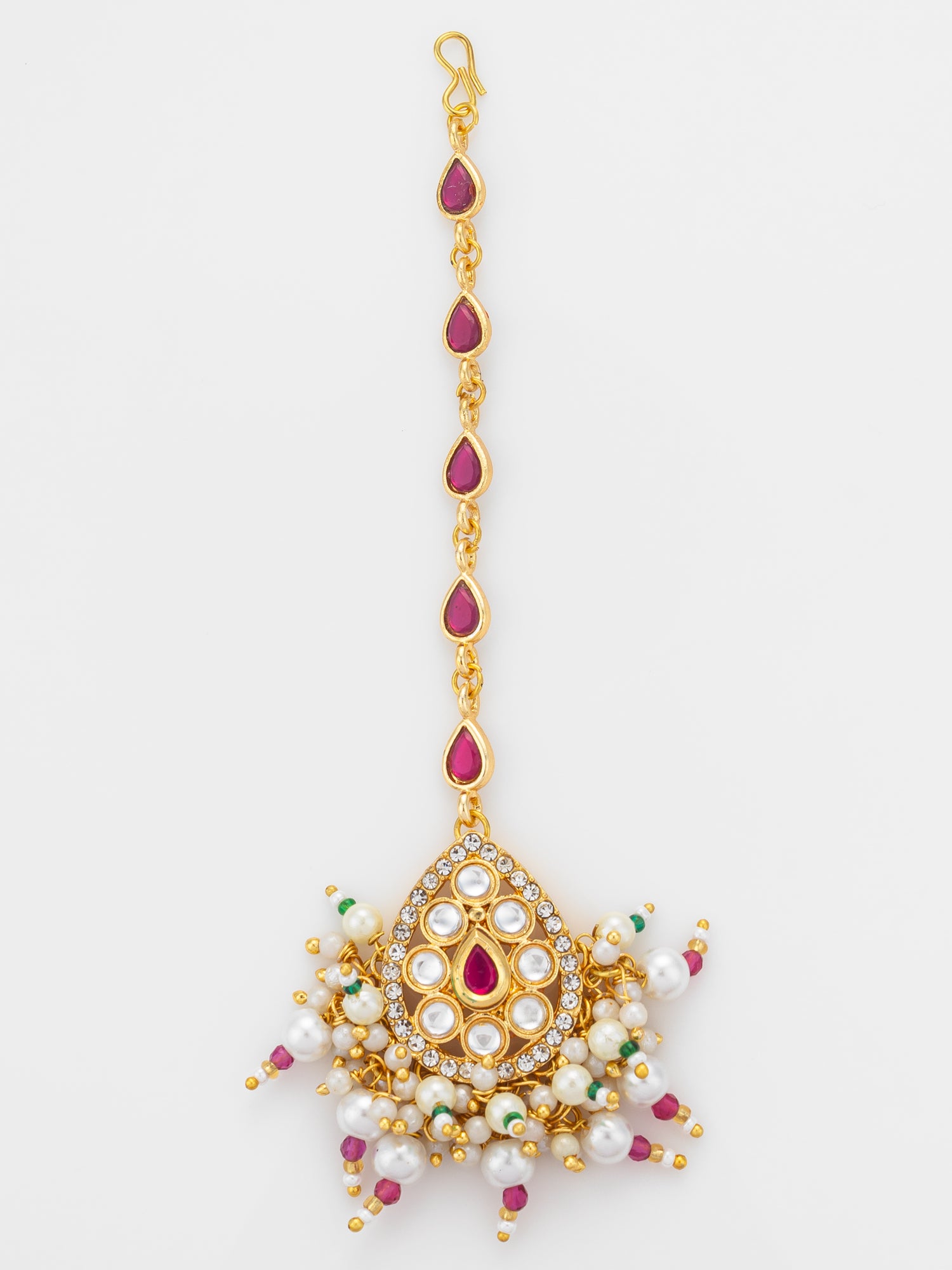 Aadita Gold Plated Ruby Teardrop Chain Mangtika with Kundan Triangle Pendant and Pearl Cluster Fringe | Aadita Jewelry