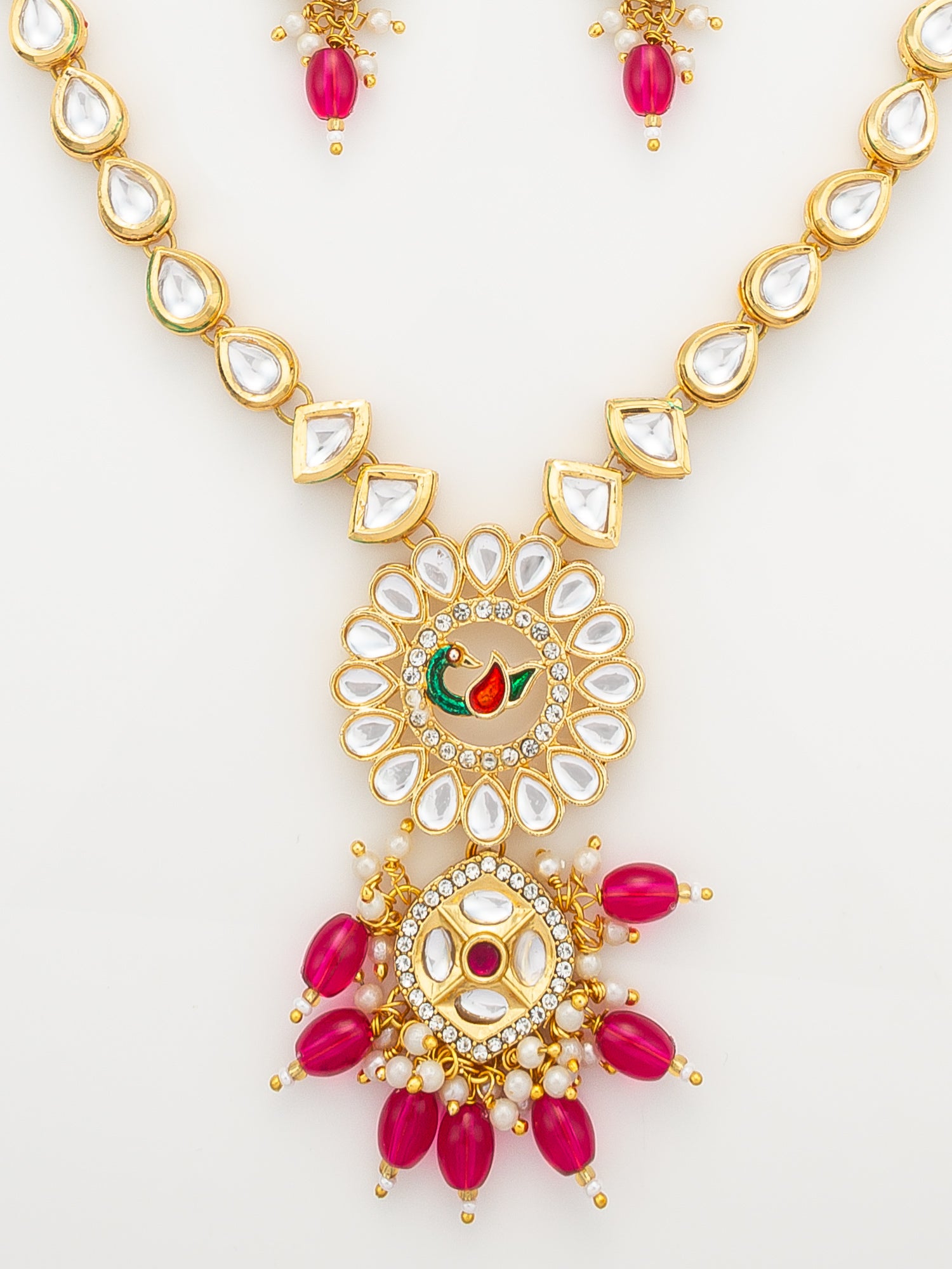 Aadita Gold-Plated Kundan Long Necklace Set with Beads and Floral Meenakari Pendant and Earrings – View 4 | Aadita Jewelry