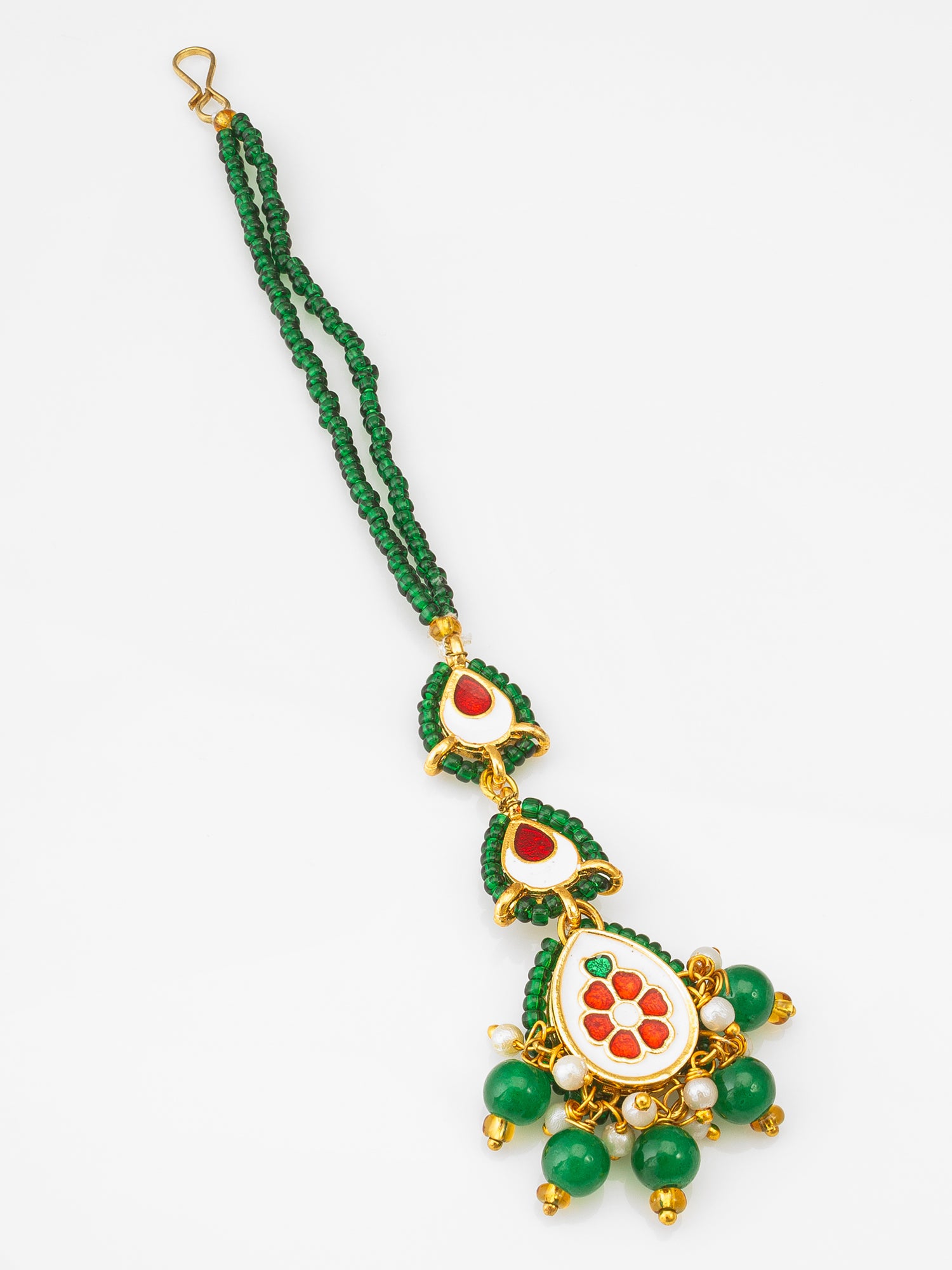 Gold Plated Green Beaded Kundan Maang Tikka – View 2 | Aadita Jewelry