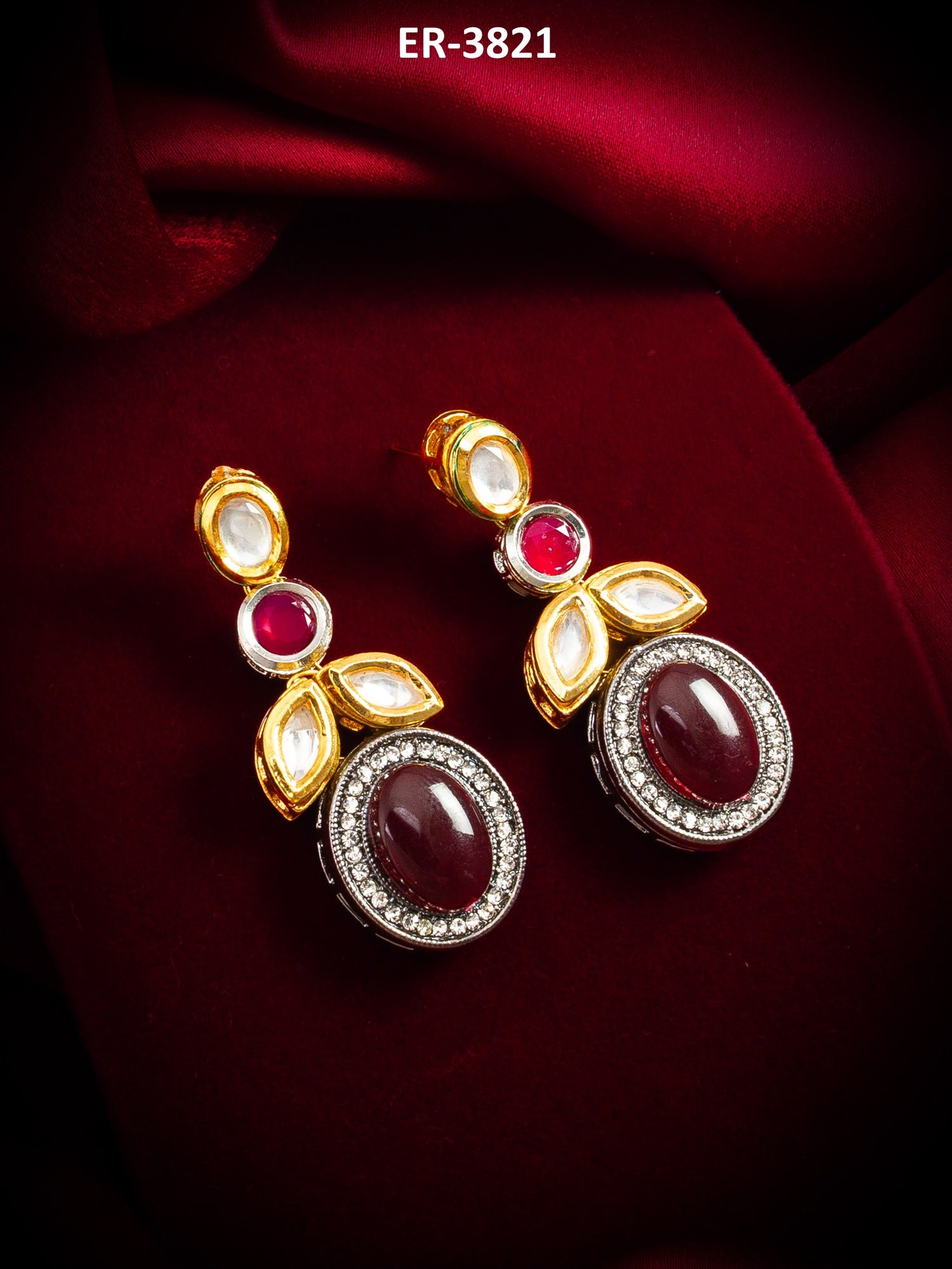 Dual-Tone Cabochon Drop Earrings with Oxidized Silver Finish – View 5 | Aadita Jewelry