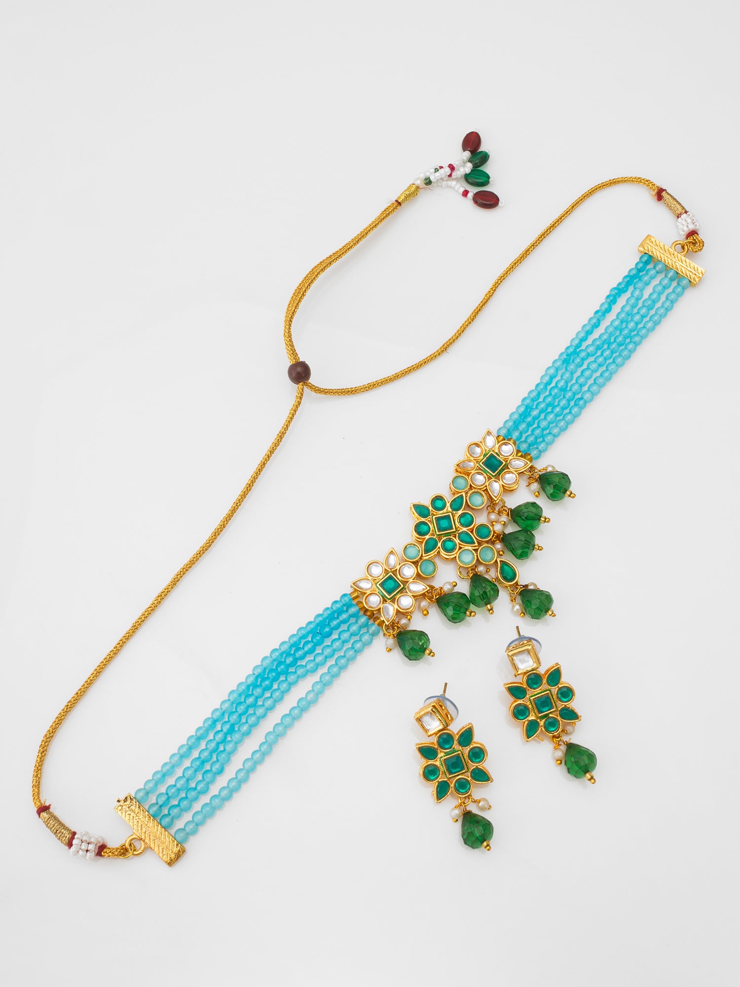 Sky Blue Bead Choker with Emerald Green Kundan Accent Set | Aadita Jewelry