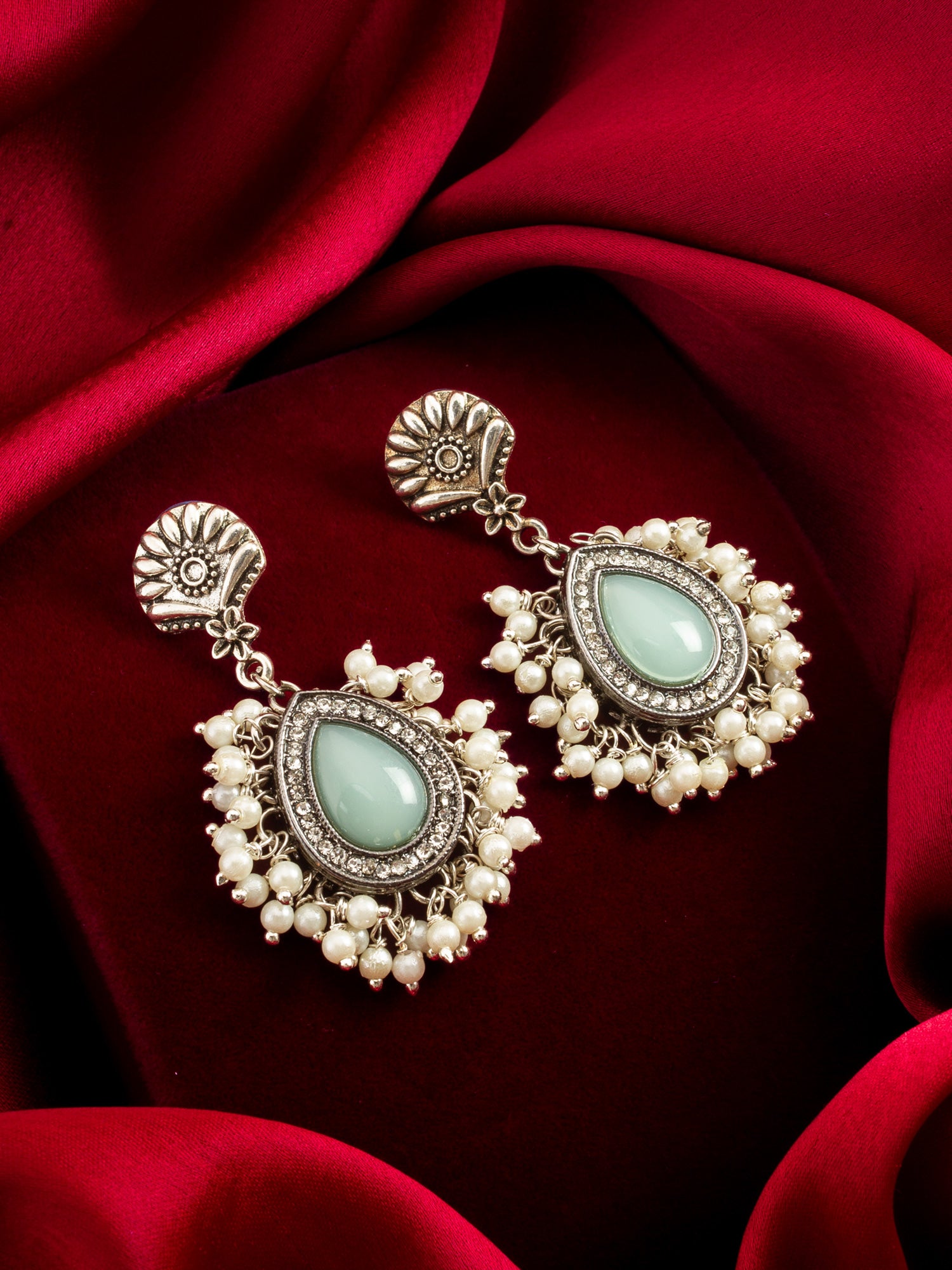 Oxidized Silver Earrings with Mint Stone and Pearl Cluster – View 4 | Aadita Jewelry