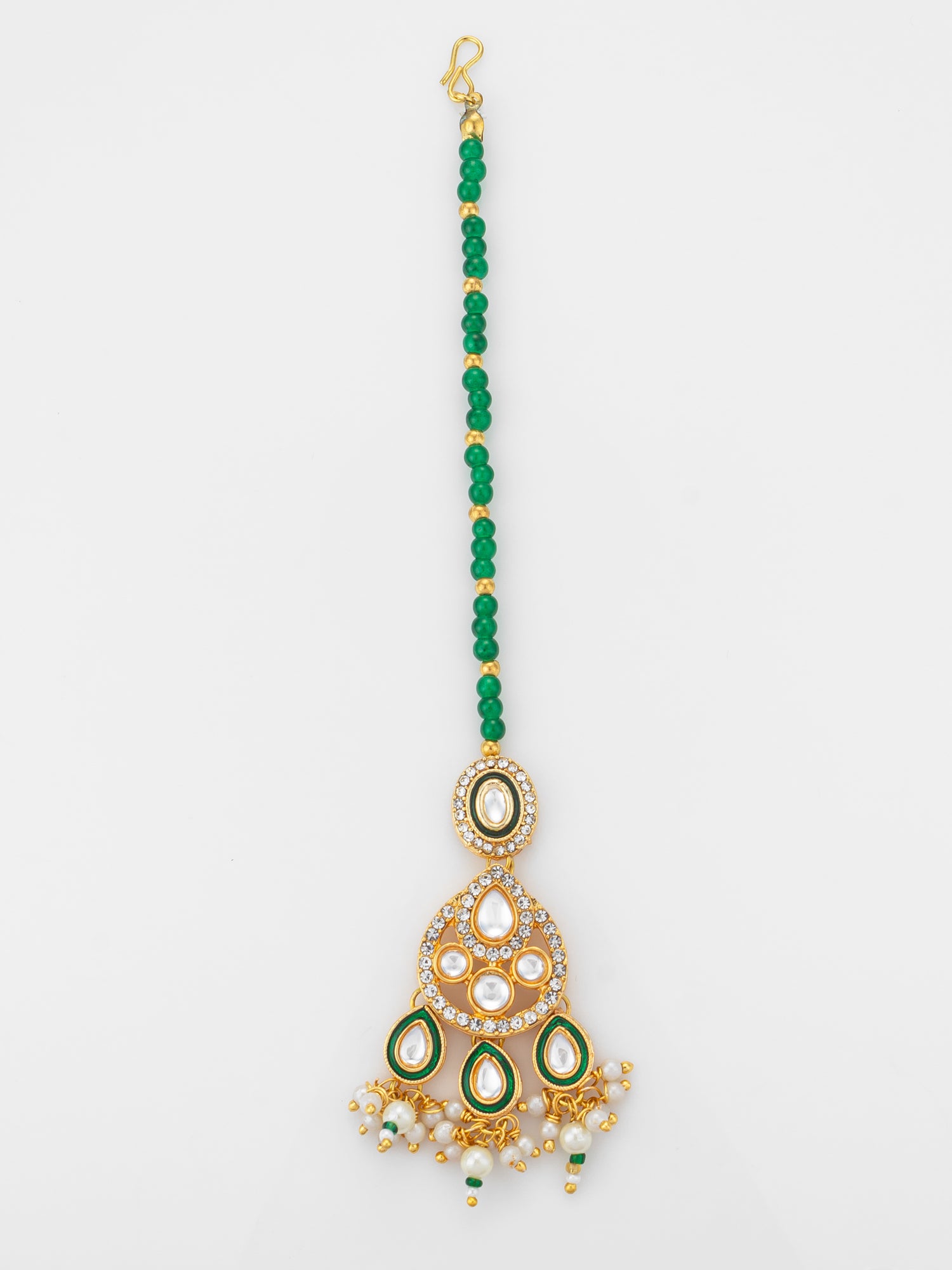 Aadita Gold Plated Kundan Chandbali-Style Mangtika with Green Bead Chain and Pearl Drops | Aadita Jewelry
