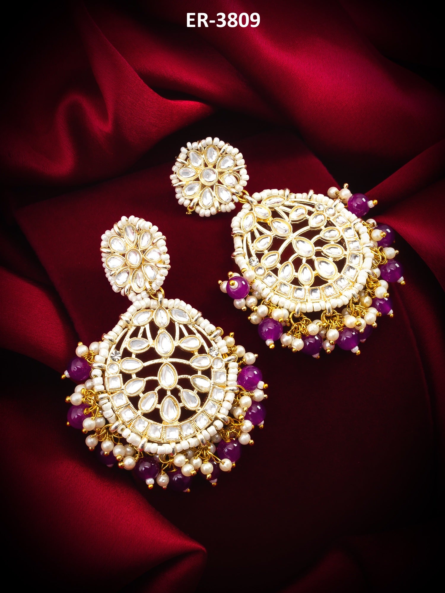 Kundan Chandbali Earrings with Purple Beads and Pearl Cluster Drops – View 5 | Aadita Jewelry