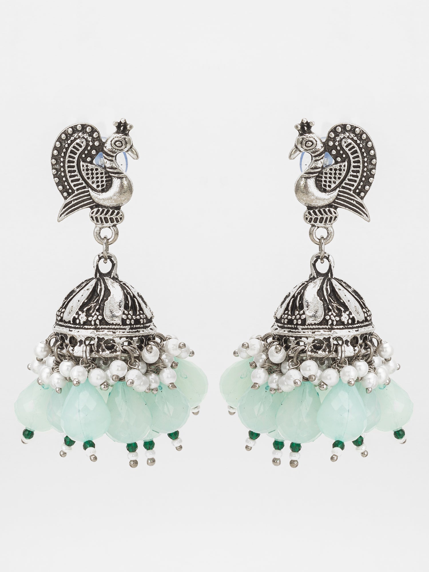 Oxidized Silver Peacock Jhumka Earrings with Mint Green Beads and Pearl | Aadita Jewelry