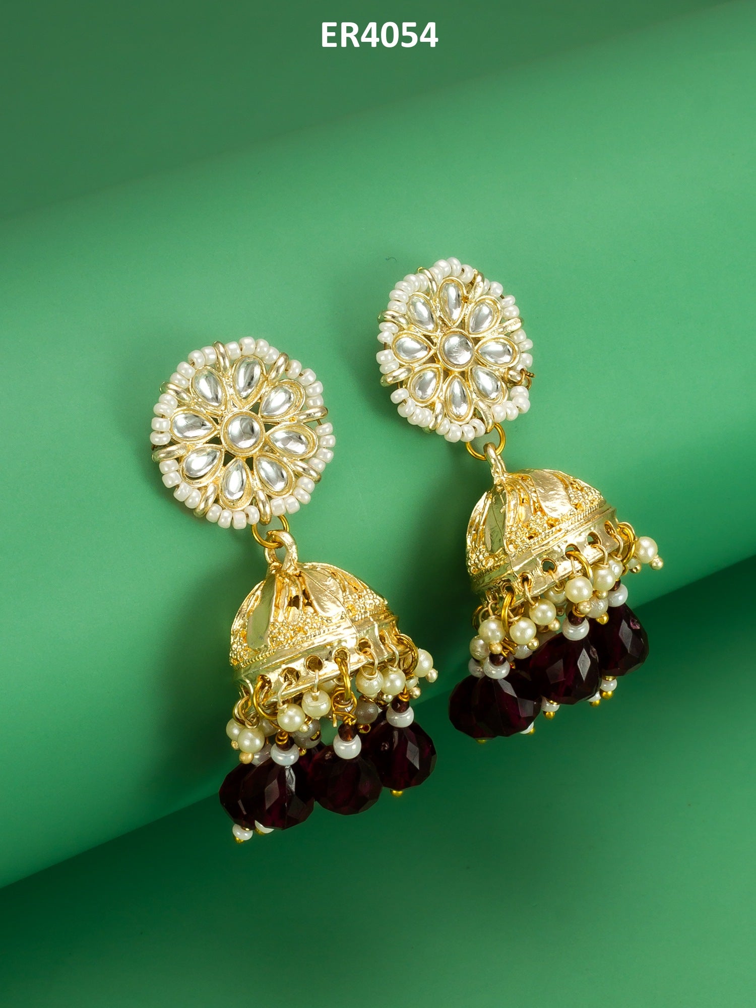 Gold-Plated Maroon Beaded Jhumka Earrings for Women – View 5 | Aadita Jewelry