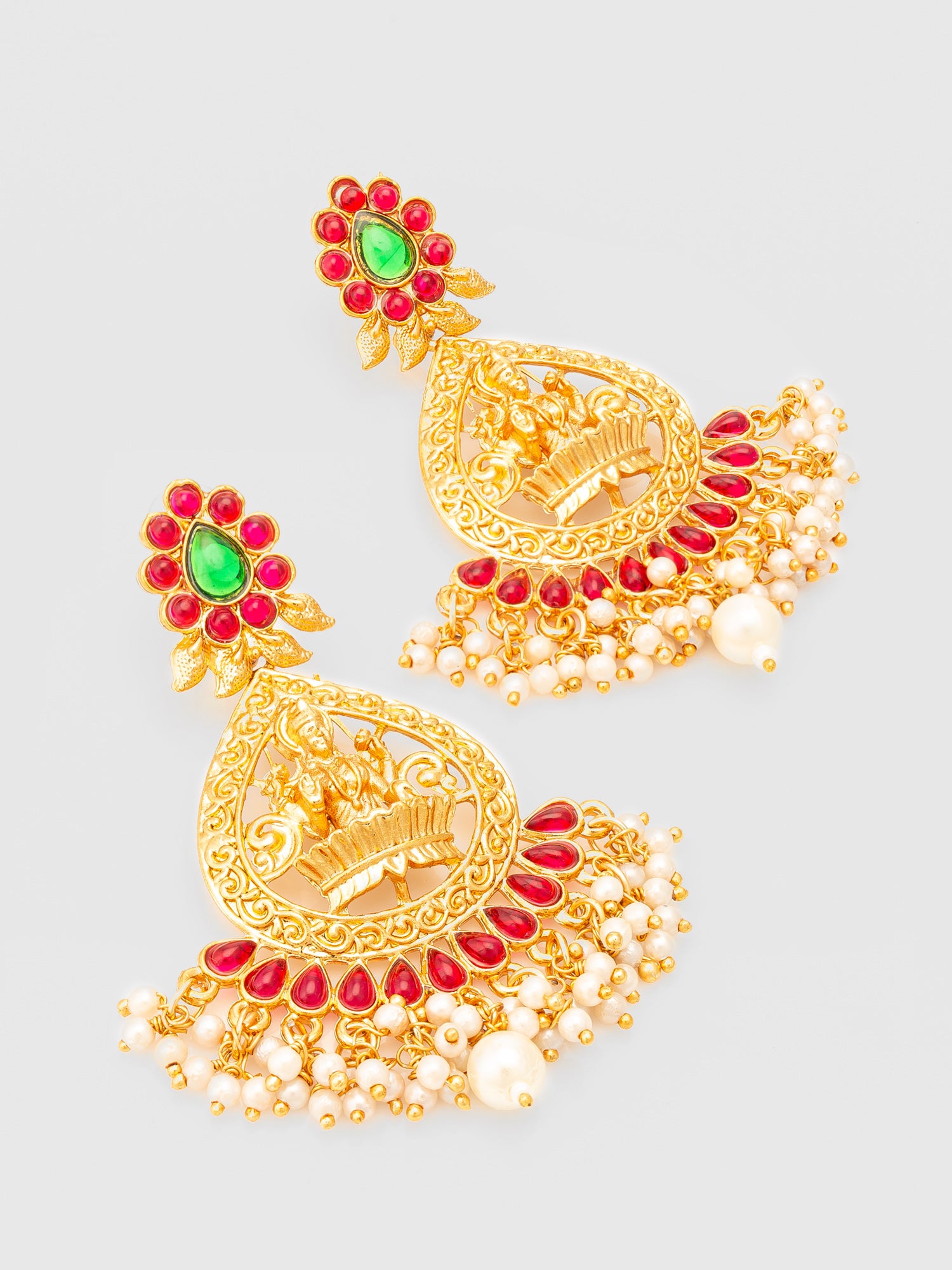 Aadita Temple Design Gold Plated Earrings with Green & Red Stones – View 2 | Aadita Jewelry