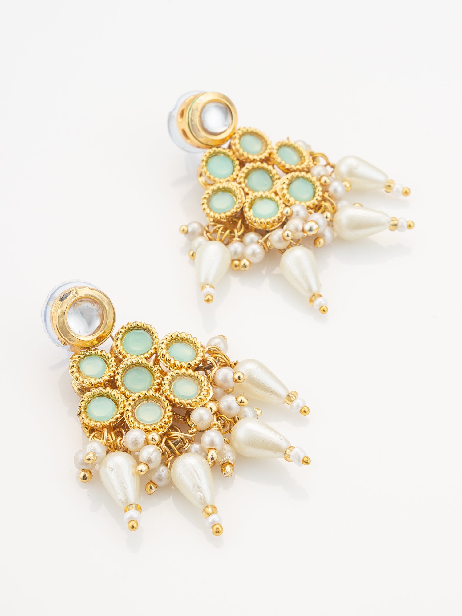 Mint Green & White Kundan Beaded Gold Plated Necklace Set With Earrings – View 2 | Aadita Jewelry