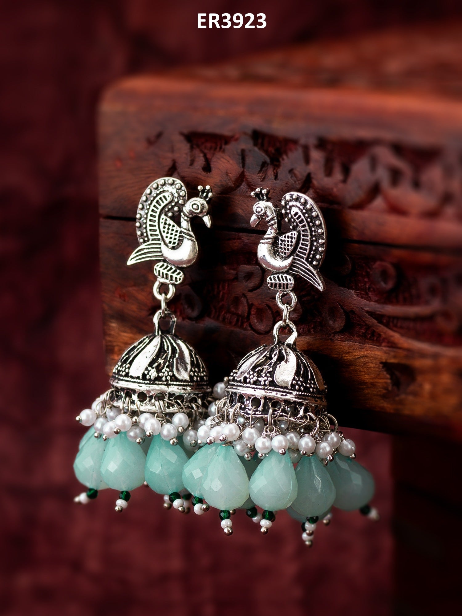 Oxidized Silver Peacock Jhumka Earrings with Mint Green Beads and Pearl – View 5 | Aadita Jewelry
