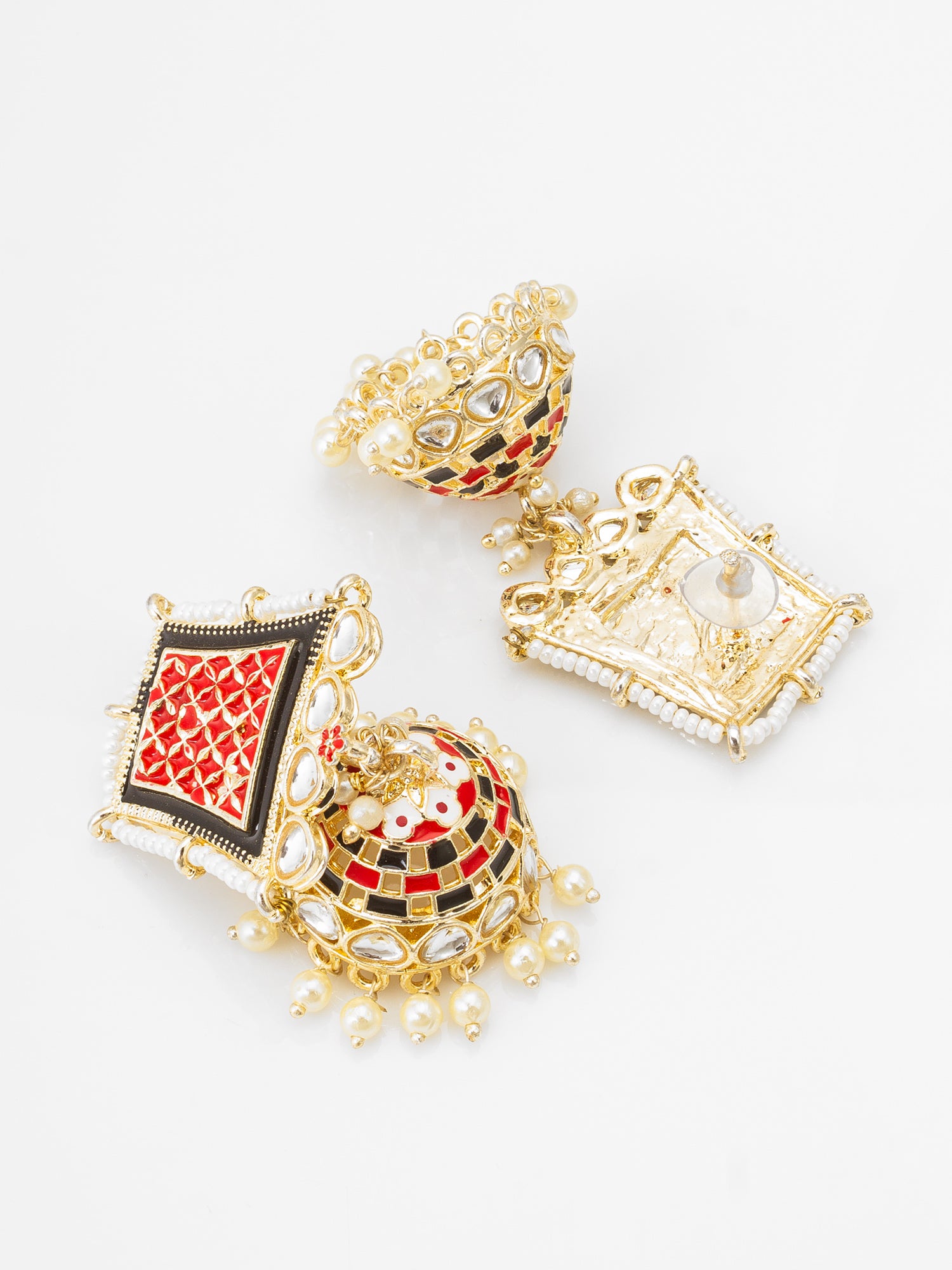 Red Enamel Kundan Pearl Jhumka Earrings – View 2 | Aadita Jewelry