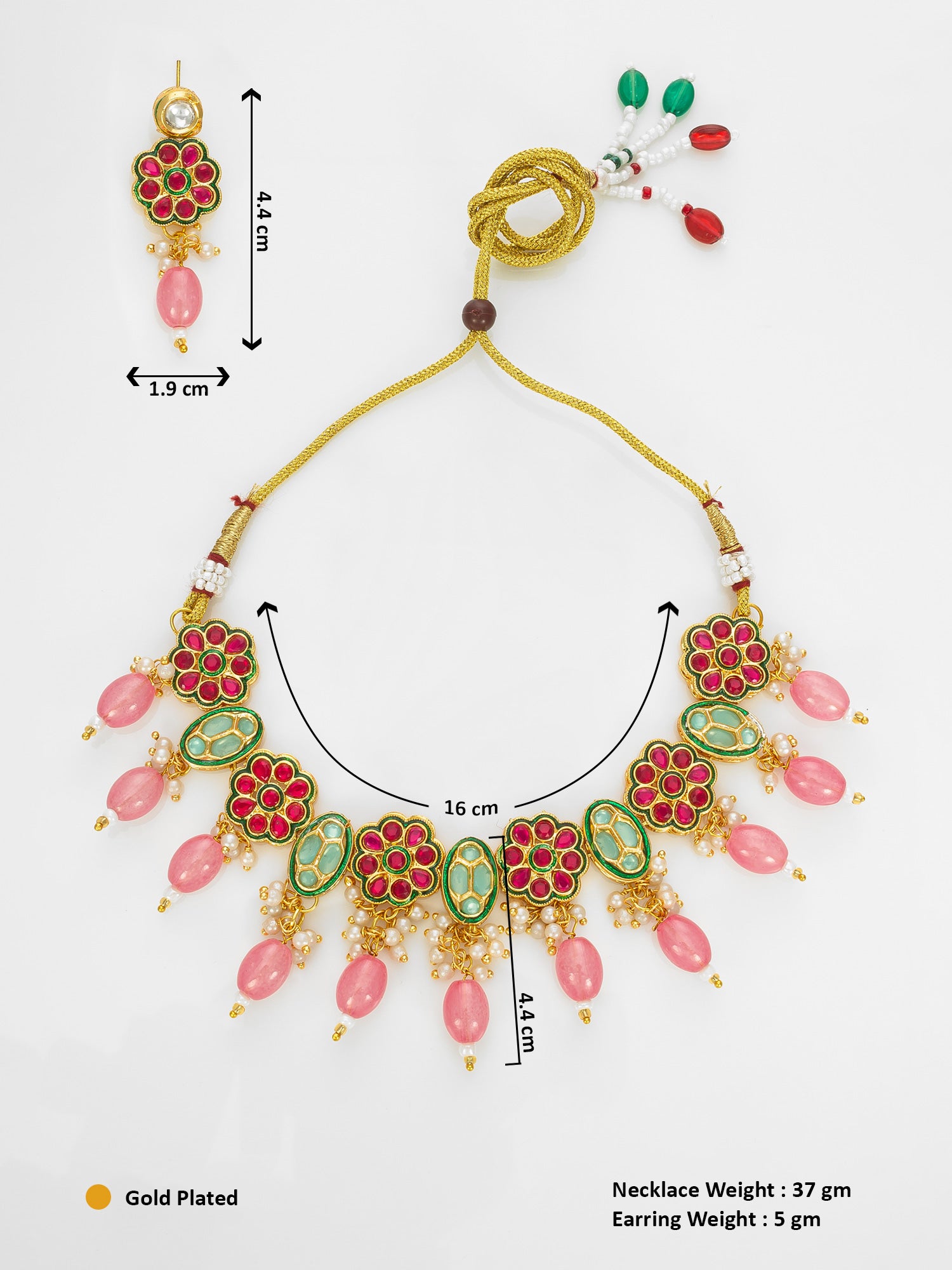 Gold Plated Kundan Floral Pink Beaded Necklace Set for Women – View 5 | Aadita Jewelry