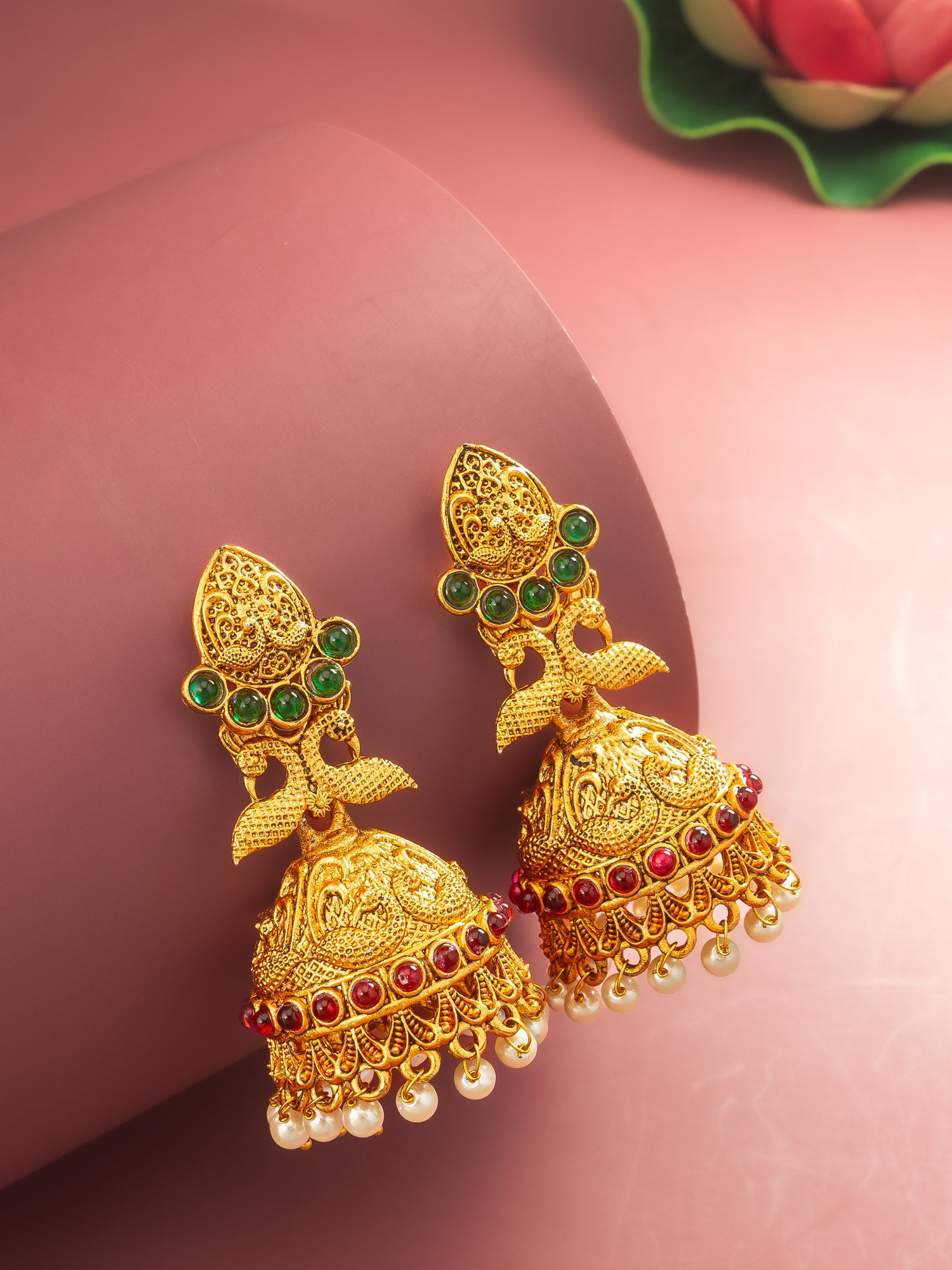 Aadita Traditional Gold Plated Green & Red Stone Jhumka Earrings – View 5 | Aadita Jewelry
