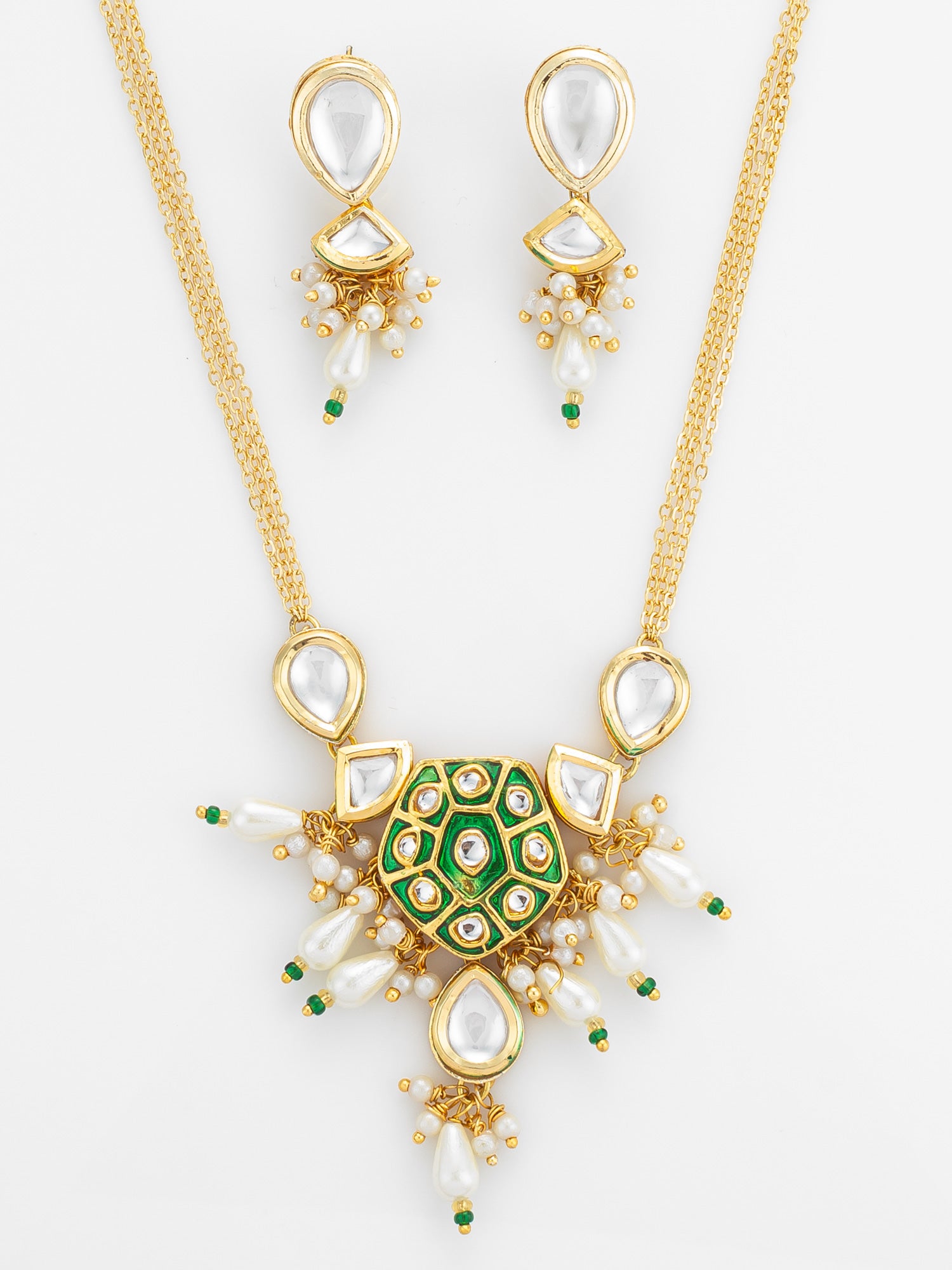 Green Enamel and Pearl Kundan Necklace Set – View 4 | Aadita Jewelry