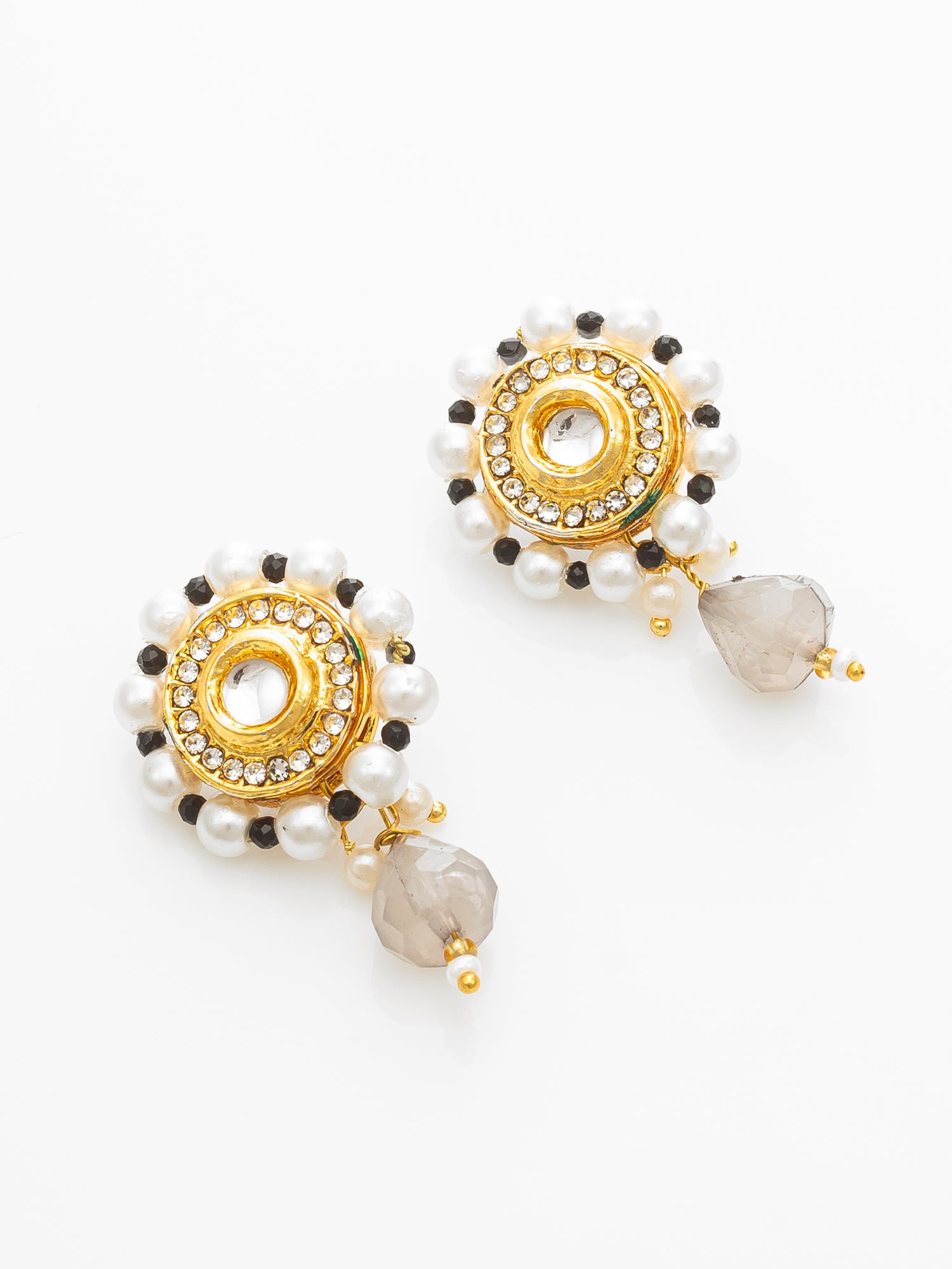 Traditional White Pearl Choker Necklace Set with Round Black Centerpiece & Earrings – View 3 | Aadita Jewelry