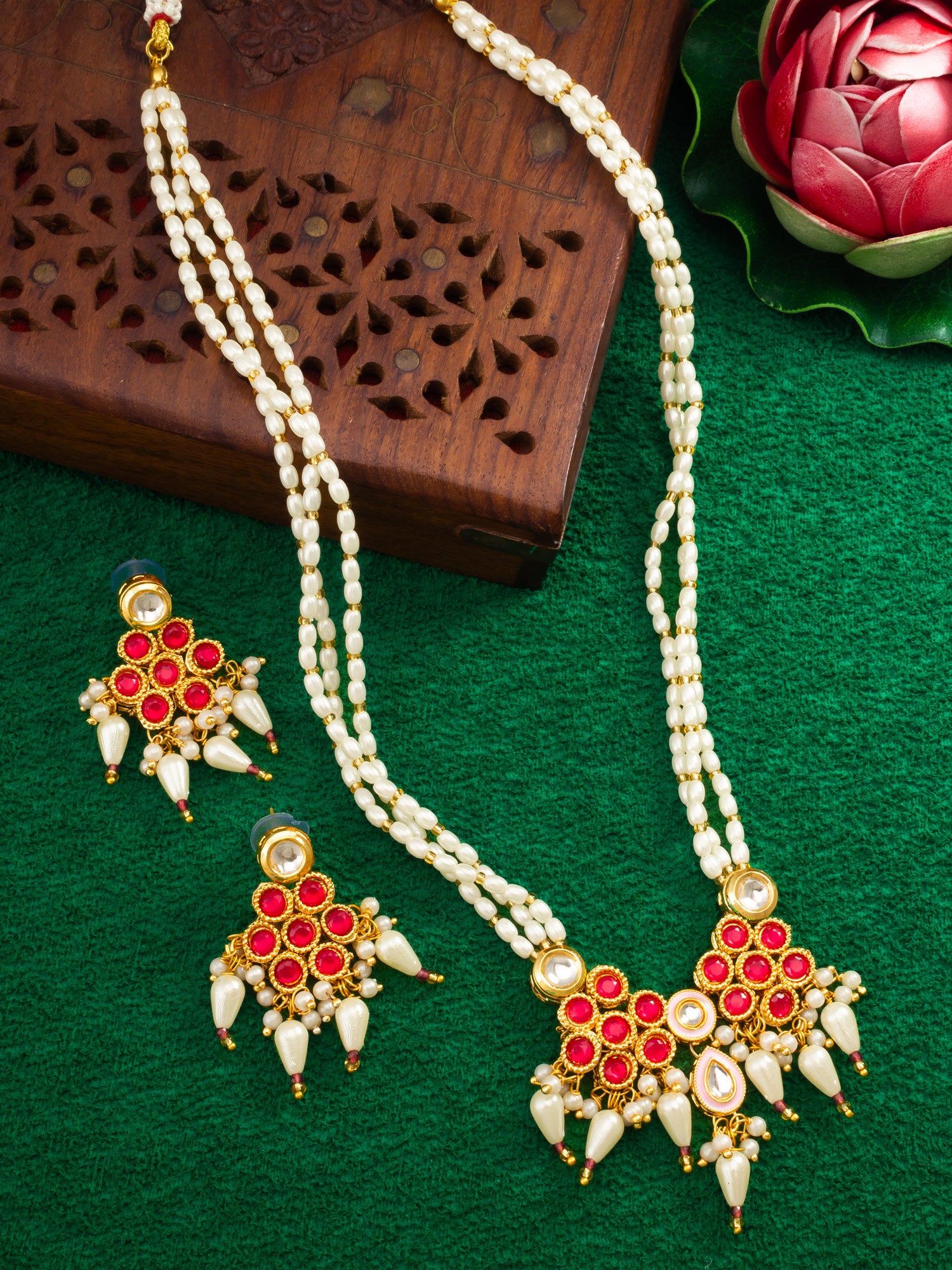 Gold Plated Kundan Beaded Necklace Set with Earrings for Women – View 5 | Aadita Jewelry