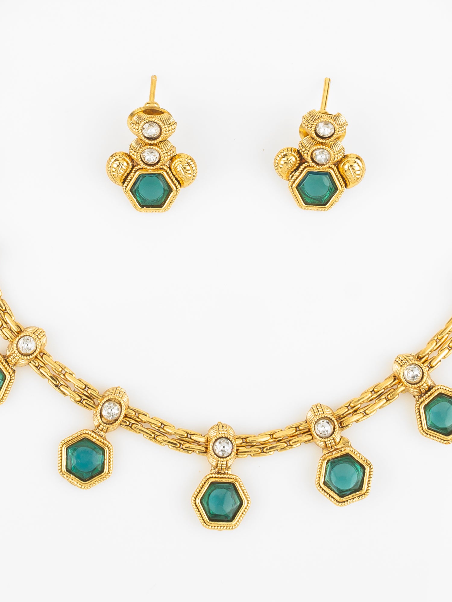 Gold Plated Green Hexagonal Stone Traditional Necklace Set for Women – View 4 | Aadita Jewelry