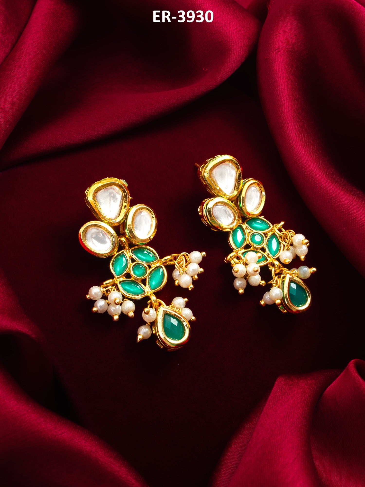 Emerald Green Kundan and Pearl Drop Earrings – View 5 | Aadita Jewelry