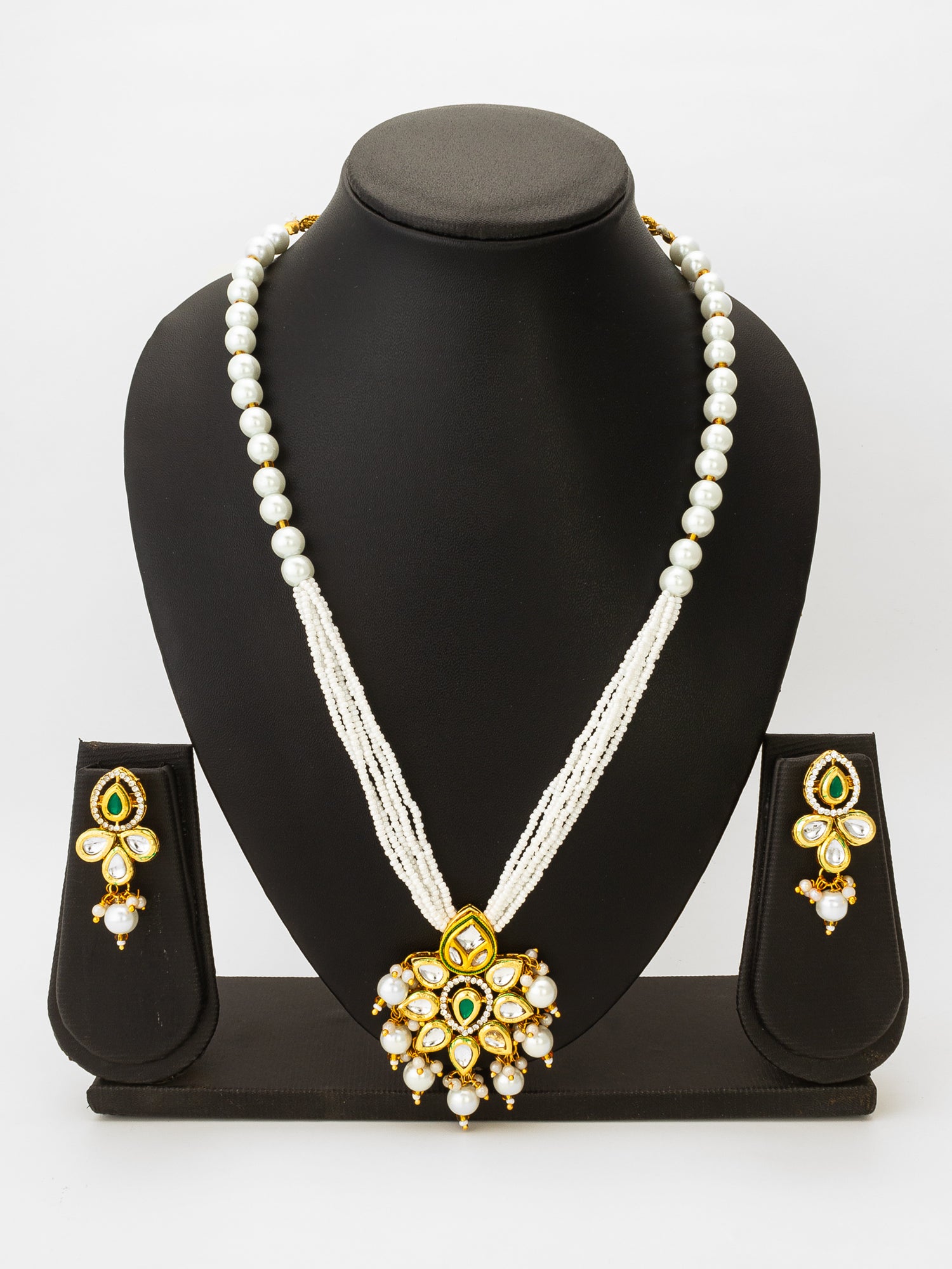 Kundan Floral Pendant Pearl Mala Necklace Set with Earrings – View 4 | Aadita Jewelry