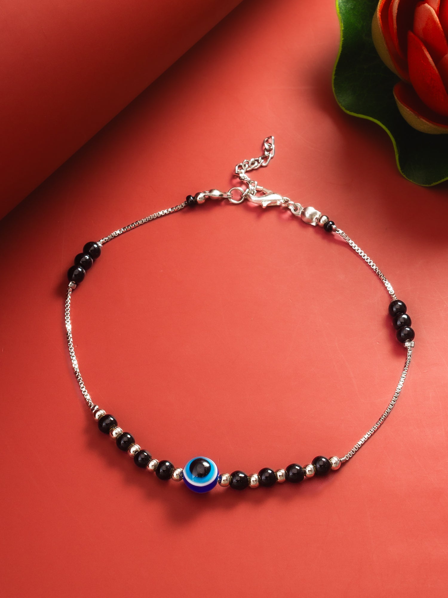 Evil Eye Black Bead Silver-Tone Anklet – View 3 | Aadita Jewelry