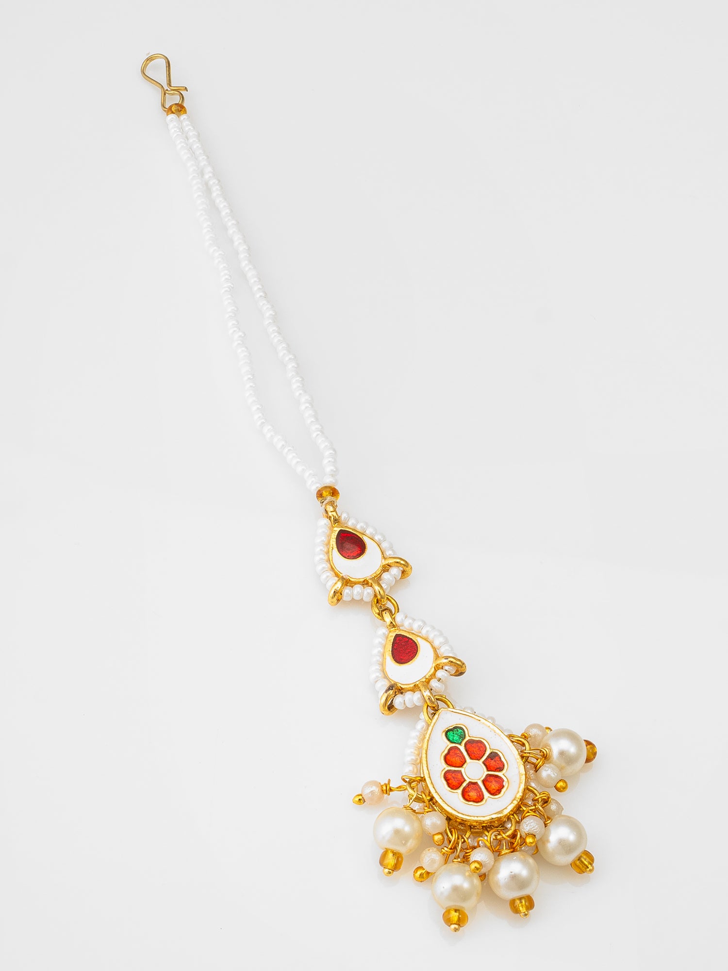 Gold Plated White Kundan and Pearl Beaded Maang Tikka for Women – View 2 | Aadita Jewelry