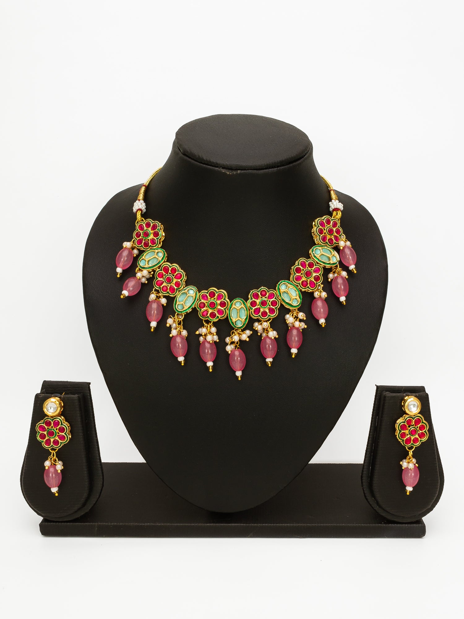 Gold Plated Kundan Floral Pink Beaded Necklace Set for Women – View 4 | Aadita Jewelry