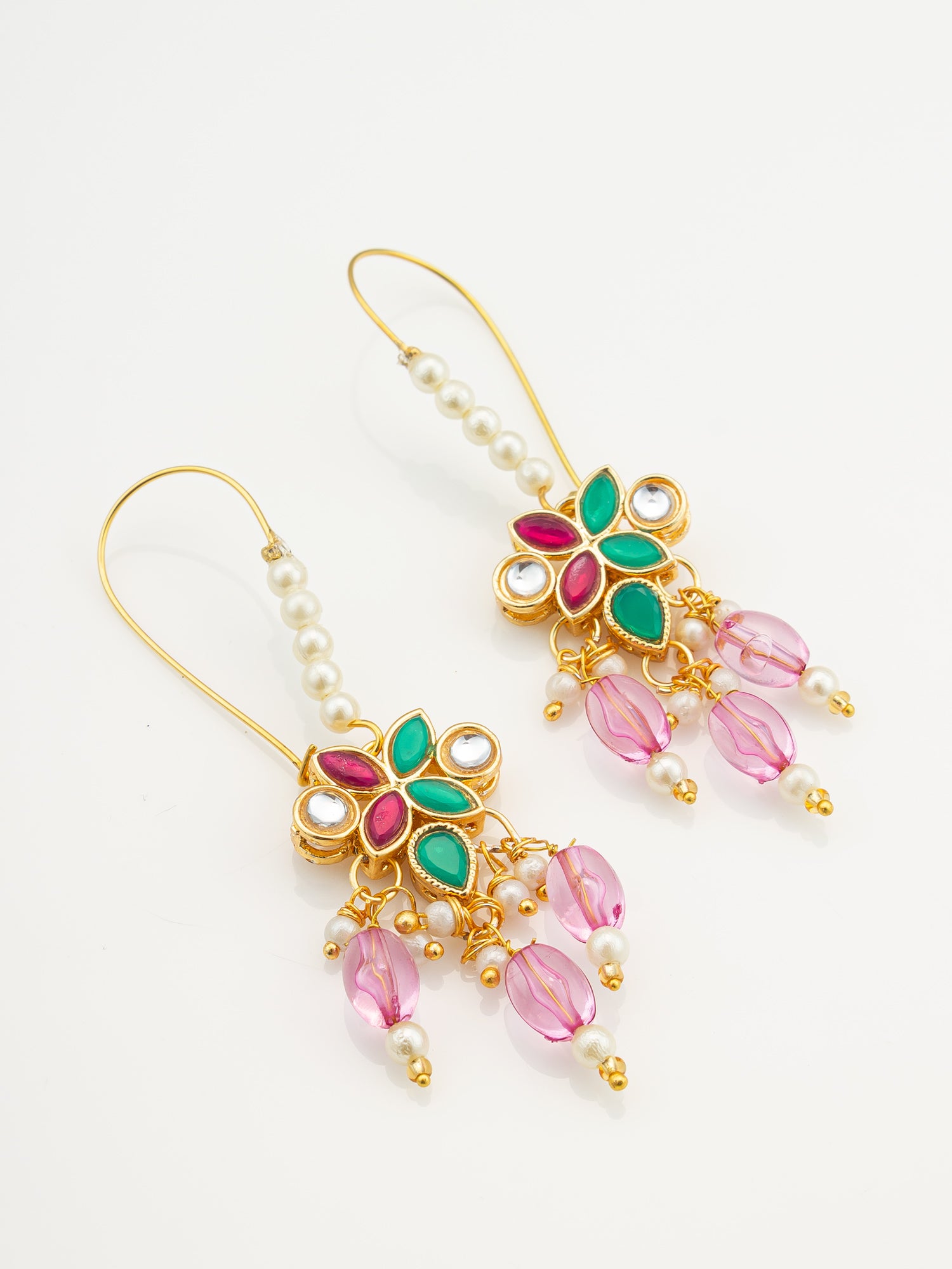Floral Multi-Stone Drop Earrings with Pink Beads – View 2 | Aadita Jewelry