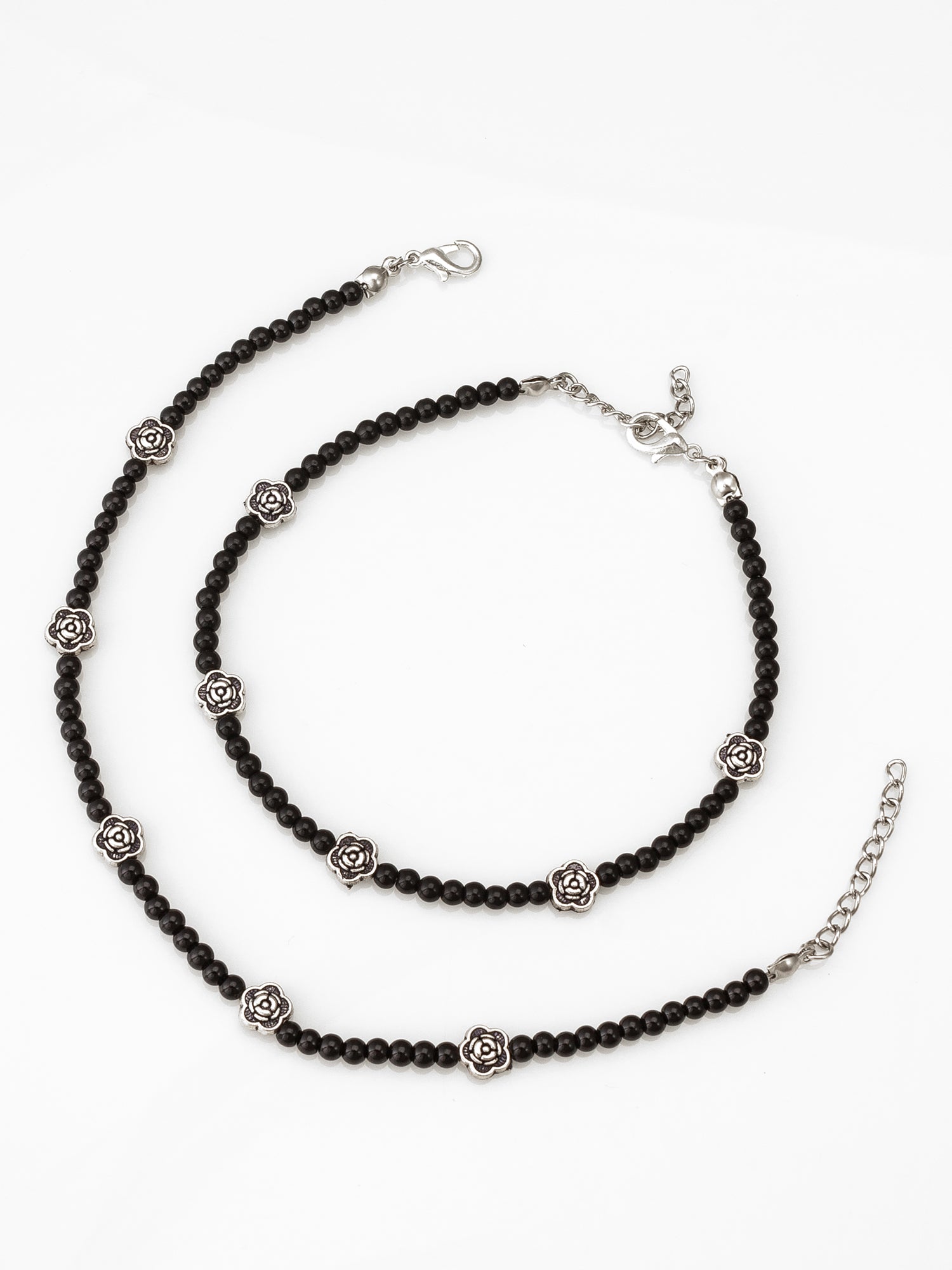 Black Bead Floral Rose Oxidized Anklet Set – View 2 | Aadita Jewelry