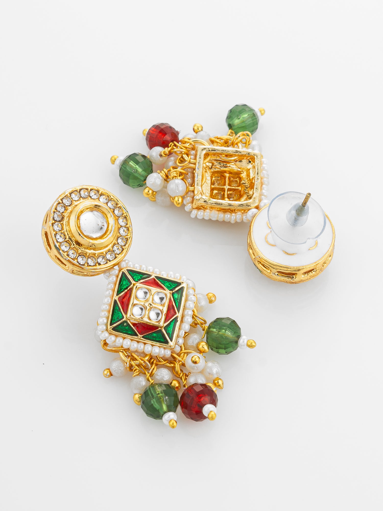 Gold Plated Square Kundan Multi-Color Pearl Necklace Set – View 3 | Aadita Jewelry