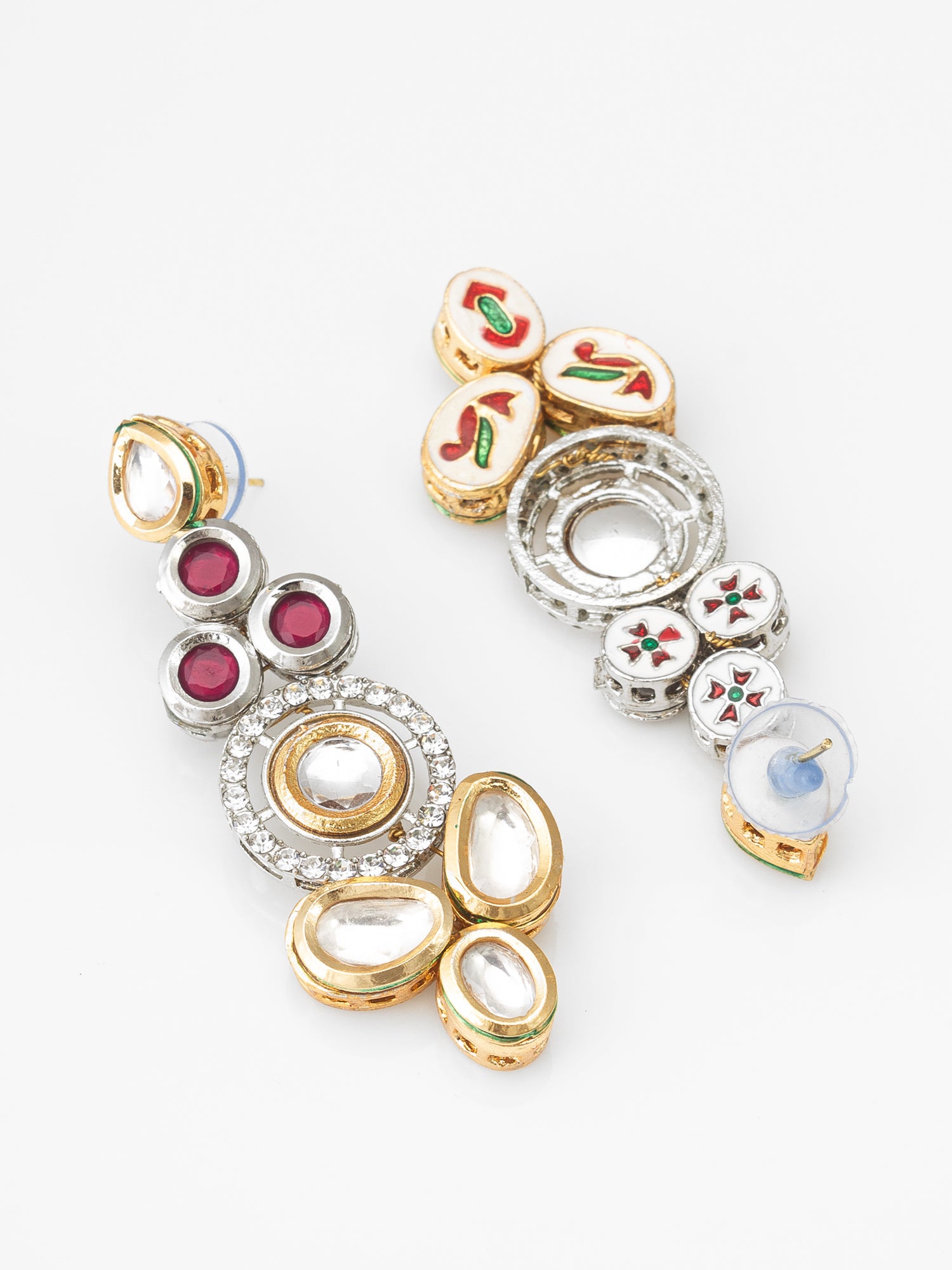 Dual-Tone Ruby Red and Kundan Studded Traditional Dangler Earrings – View 2 | Aadita Jewelry
