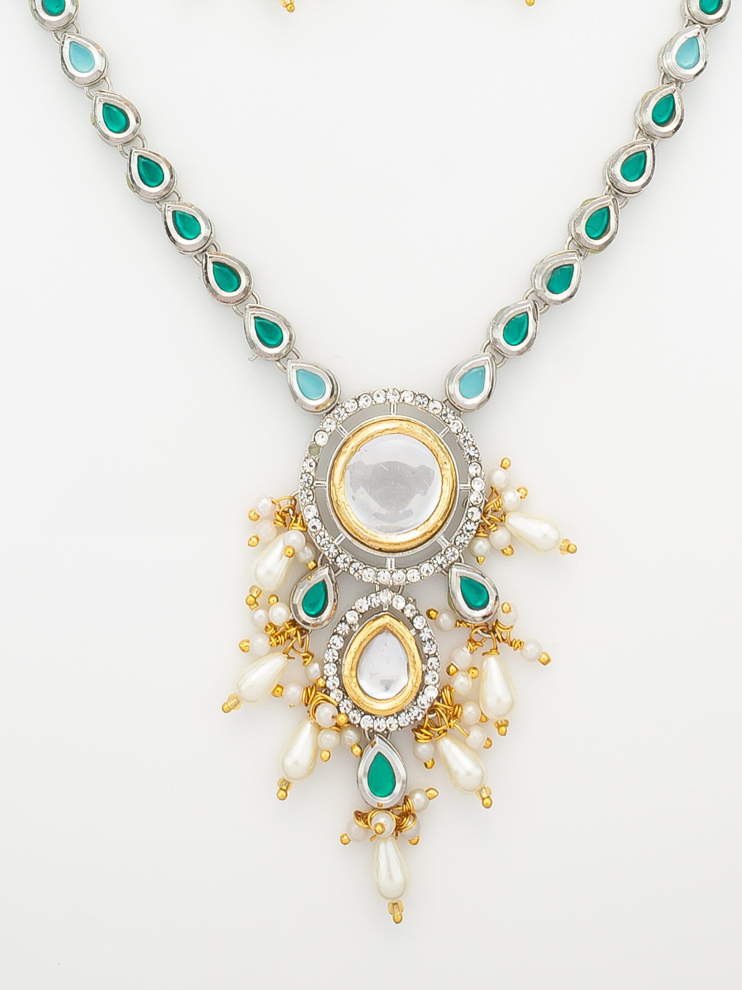 Aadita Silver-Plated Kundan Necklace Set with Green Stones and Pearl Drops – View 4 | Aadita Jewelry