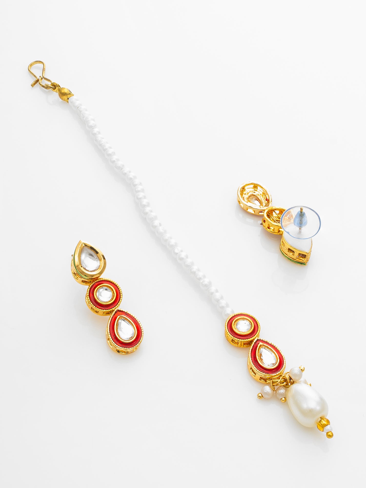 Red & White Kundan Pearl Choker Necklace Set with Maang Tikka for Women – View 3 | Aadita Jewelry
