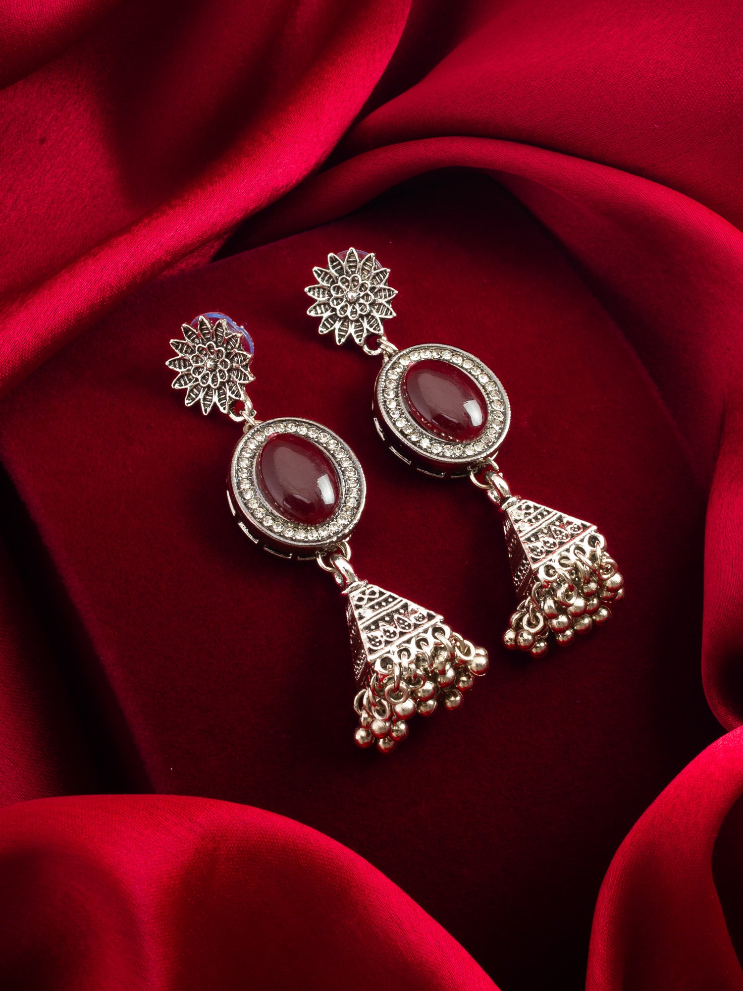Oxidized Silver Jhumka Earrings with Stone – View 4 | Aadita Jewelry