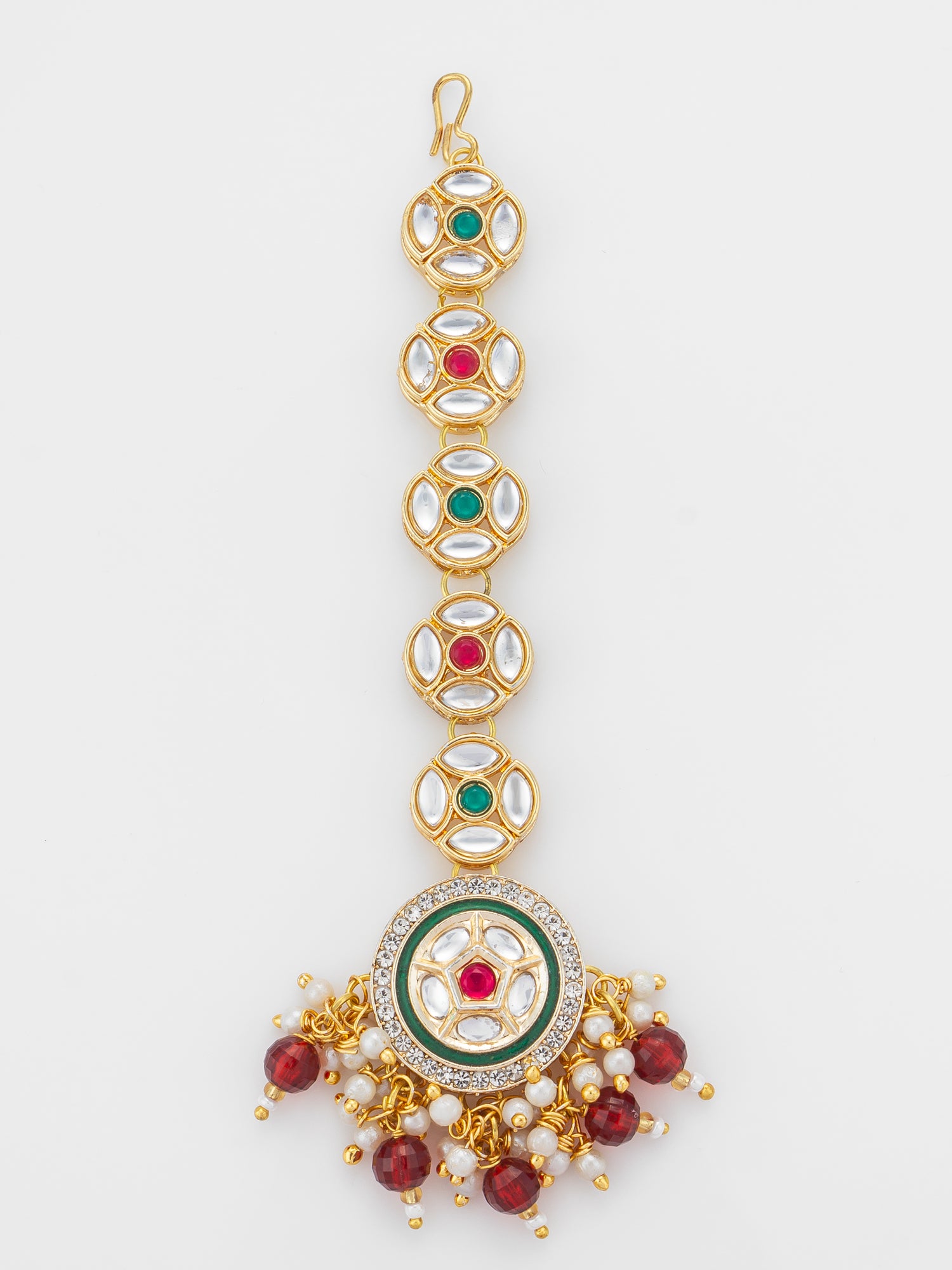 Aadita Gold Plated Linked Kundan Medallion Chain Mangtika with Circular Meenakari Pendant and Garnet Bead Fringe | Aadita Jewelry