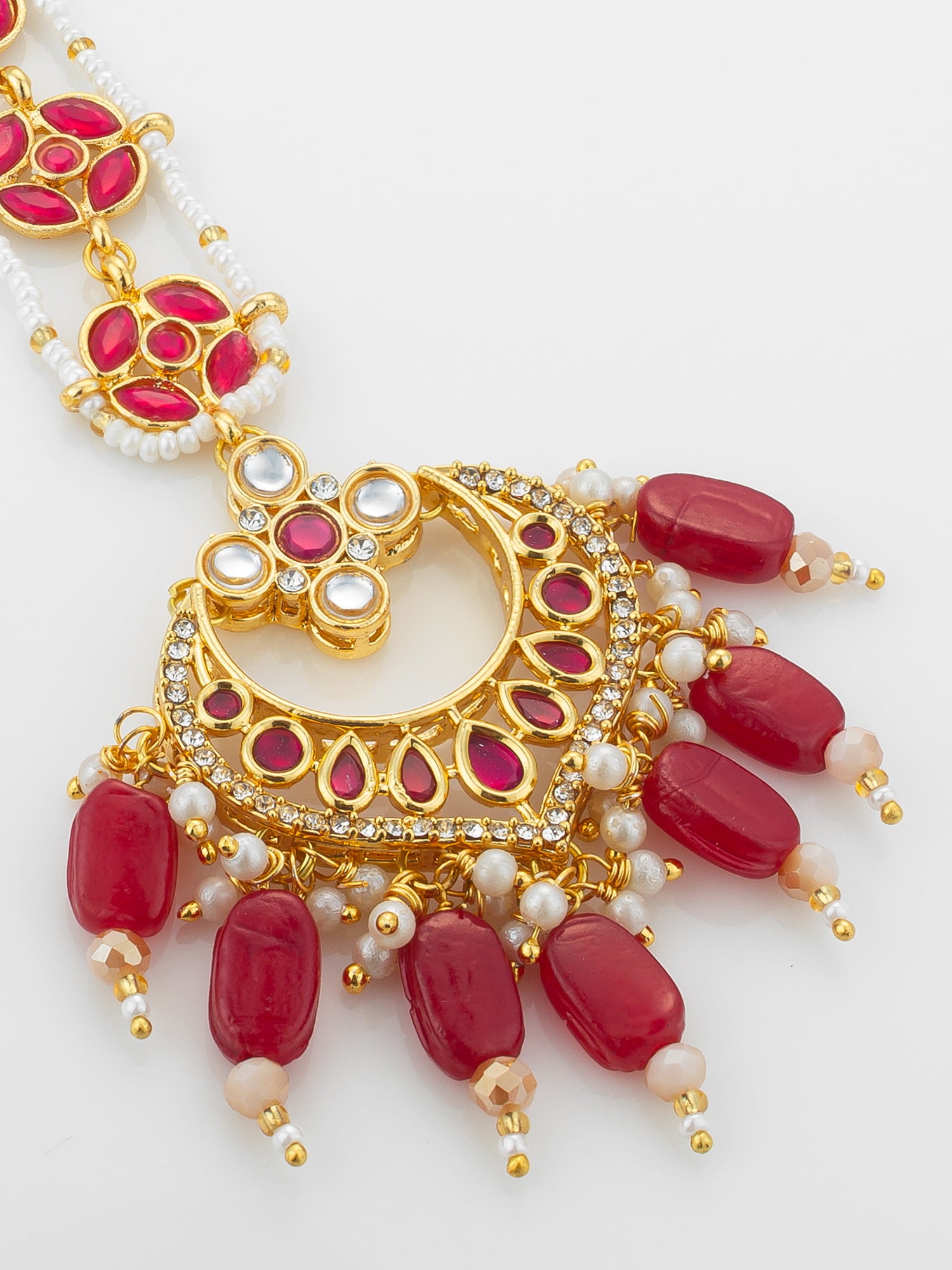 Aadita Gold Plated Kundan Chandbali Maang Tikka with Ruby Red Beads and Pearl Chain – View 3 | Aadita Jewelry