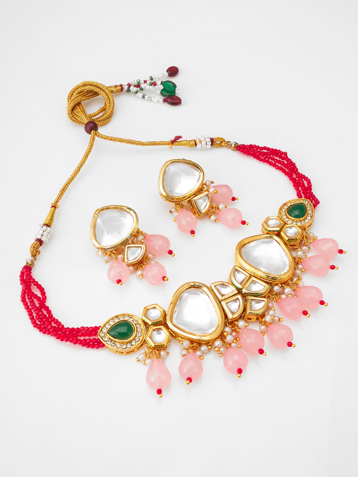 Pink Kundan Necklace Set with Beaded Drops | Aadita Jewelry