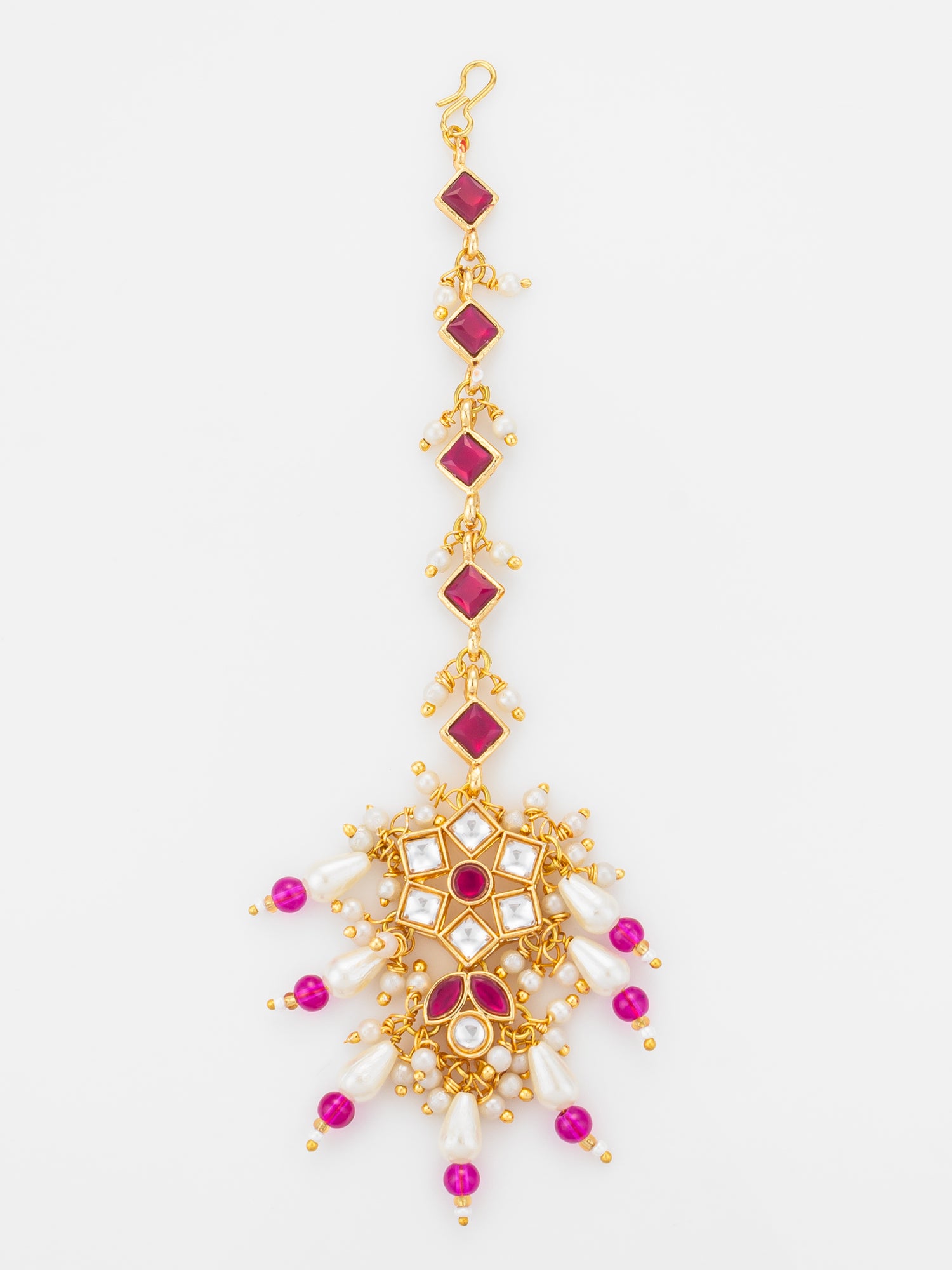 Aadita Gold Plated Diamond-Cut Ruby Stone Chain Mangtika with Kundan Star Pendant and Pearl Drops | Aadita Jewelry