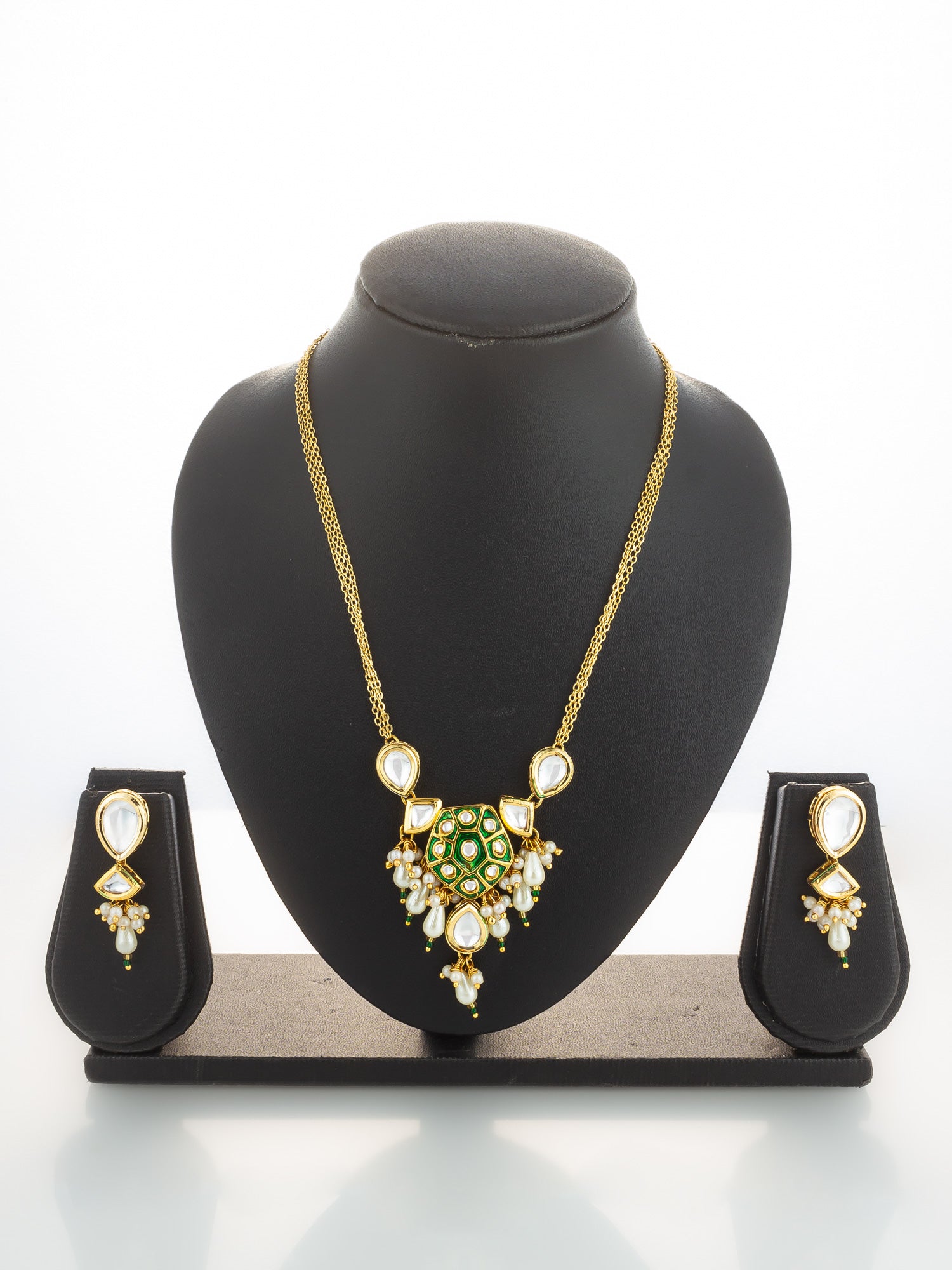 Green Enamel and Pearl Kundan Necklace Set – View 5 | Aadita Jewelry