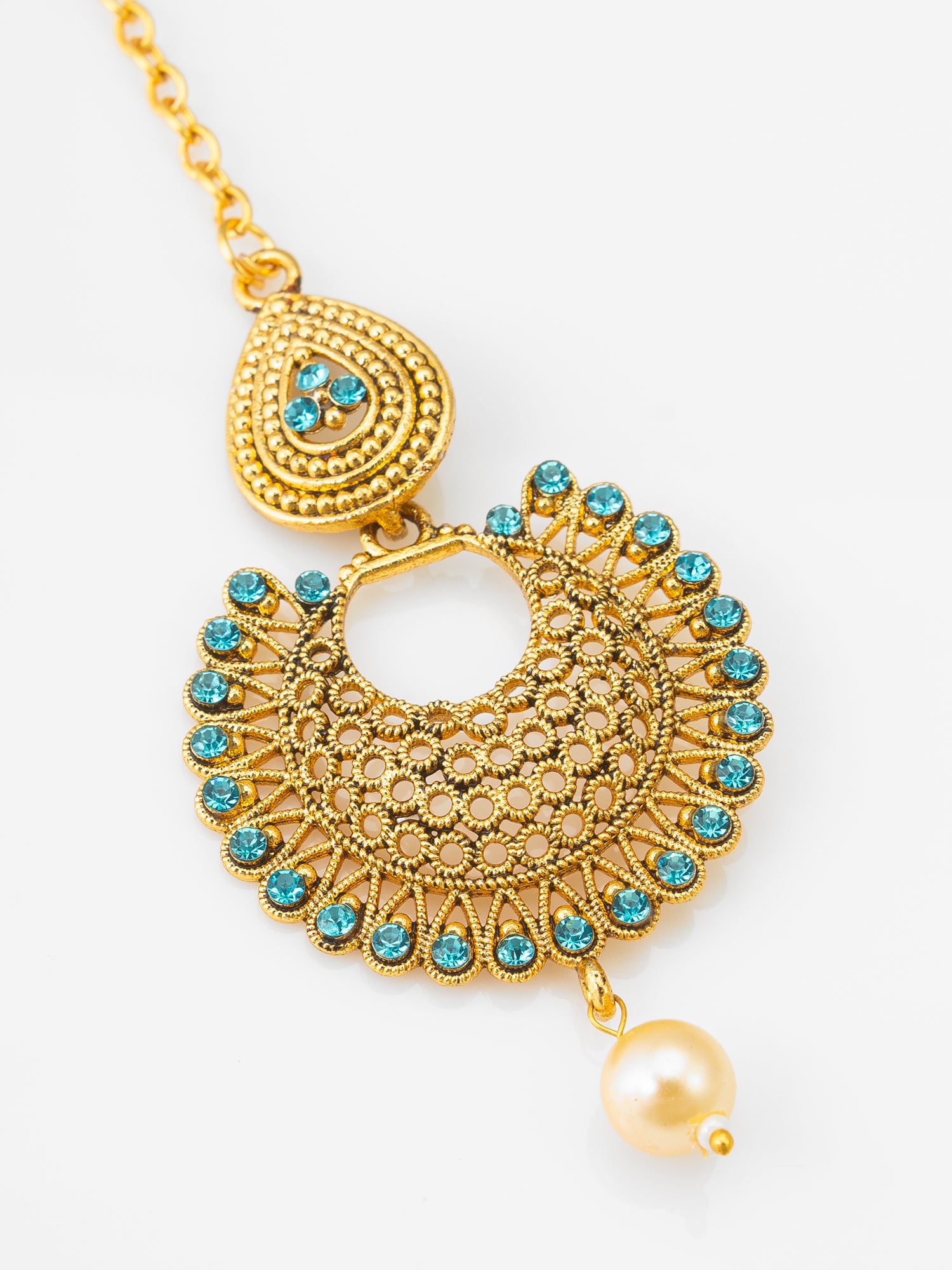 Gold-Plated Chandbali Maang Tikka with Teal Stones and Pearl Drop – View 2 | Aadita Jewelry