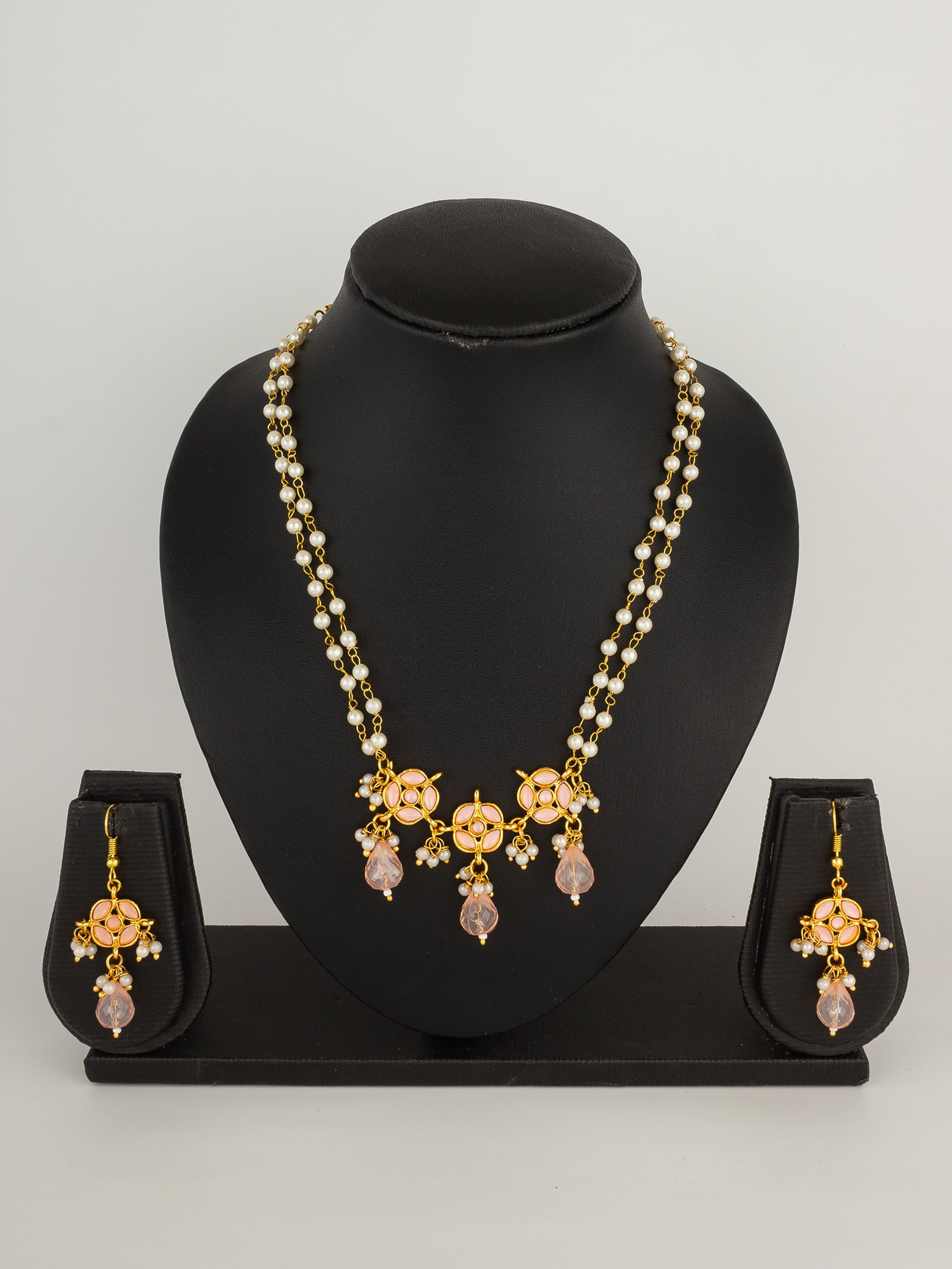 Elegant Peach Stone and Pearl Beaded Gold Plated Necklace Set – View 4 | Aadita Jewelry