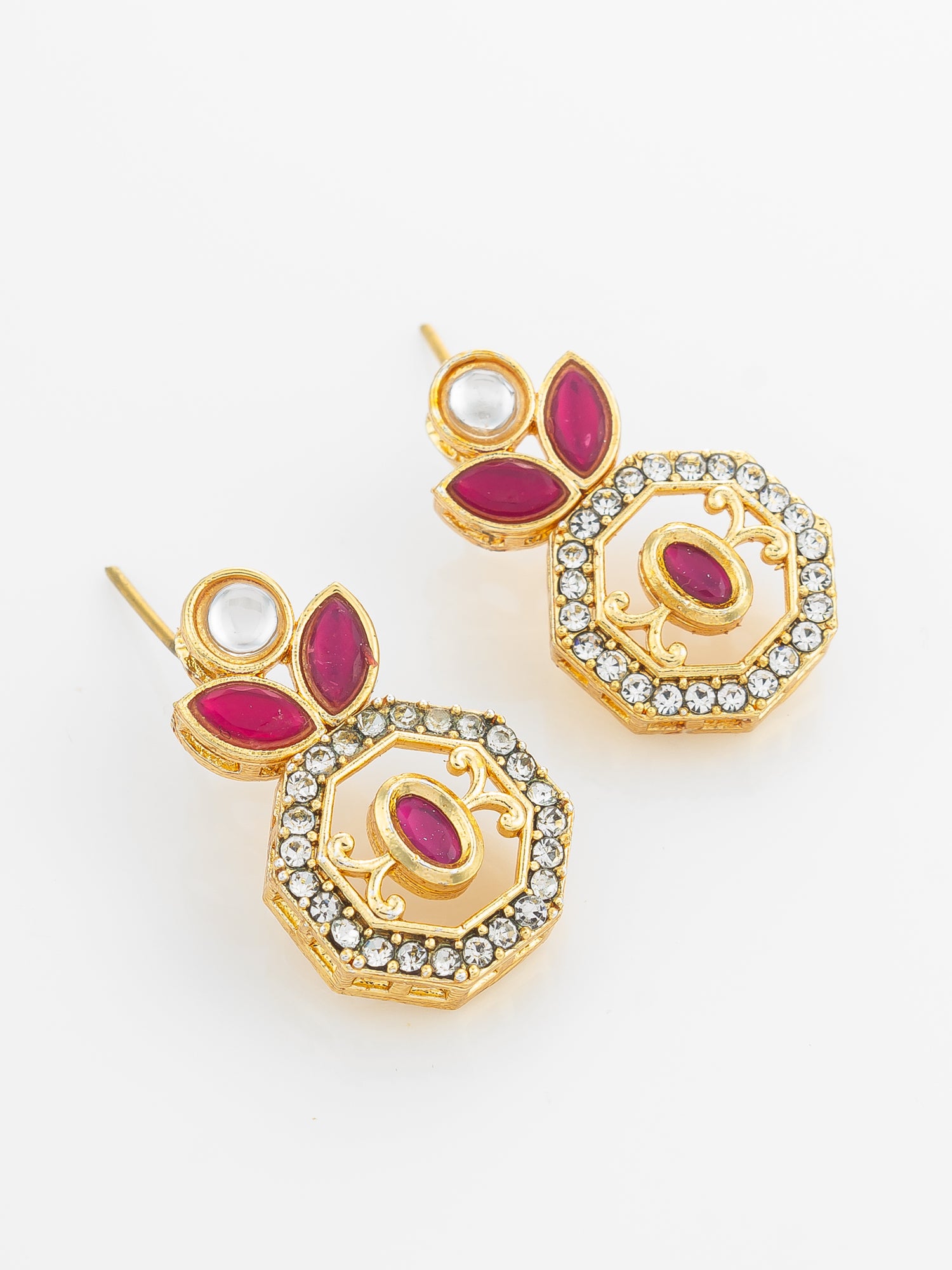 Gold Plated Geometric Octagon Red Stone Earrings – View 2 | Aadita Jewelry