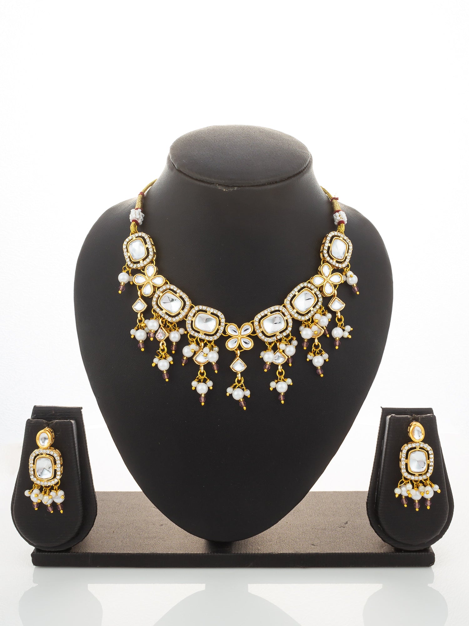 Aadita Gold-Plated Kundan Choker Necklace Set with Crystal Stones and Pearl Drops and Earrings – View 5 | Aadita Jewelry
