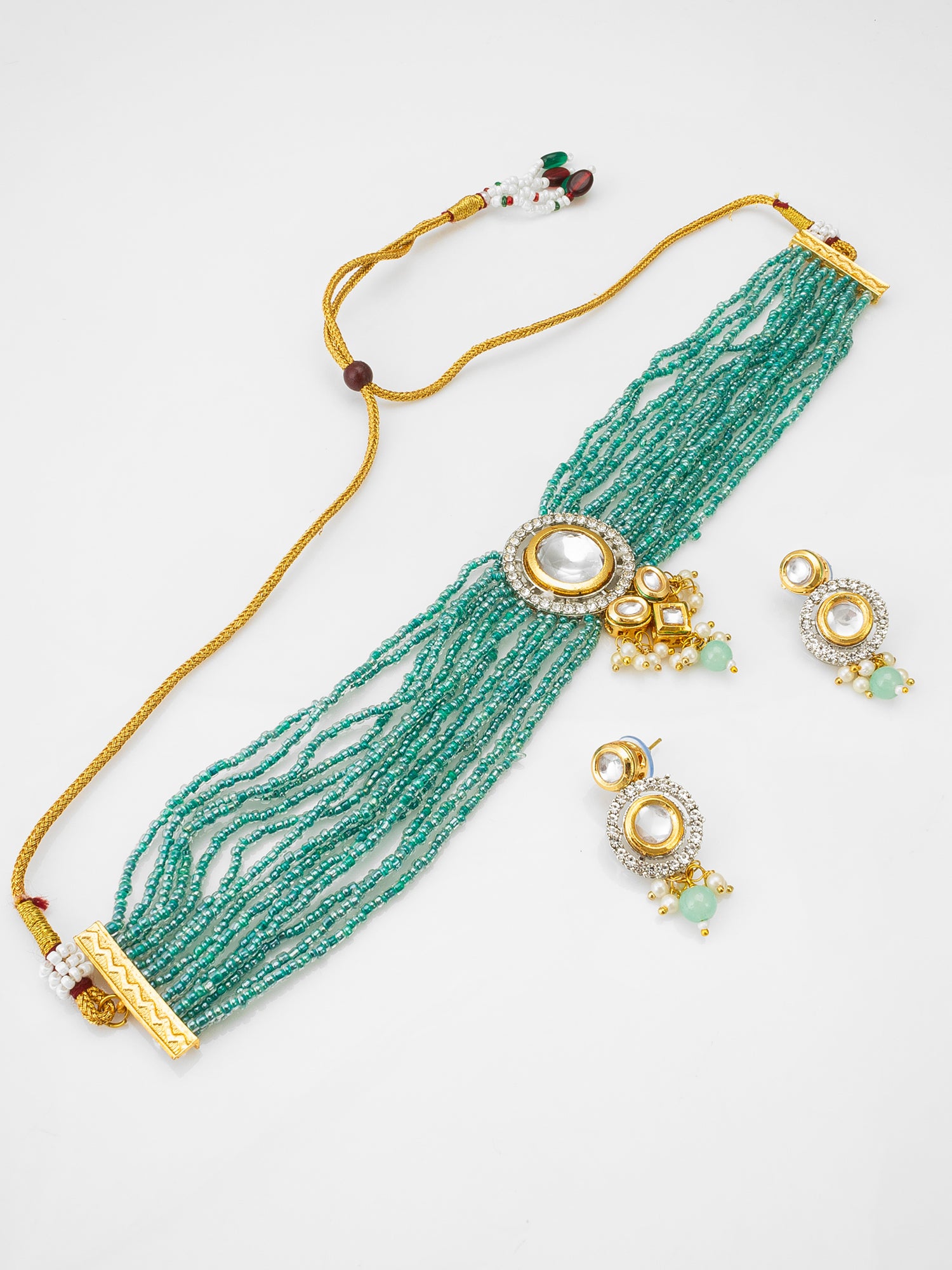 Gold-Tone Turquoise Seed Bead Choker Necklace Set with Kundan Pendant and Pearl Drops | Aadita Jewelry