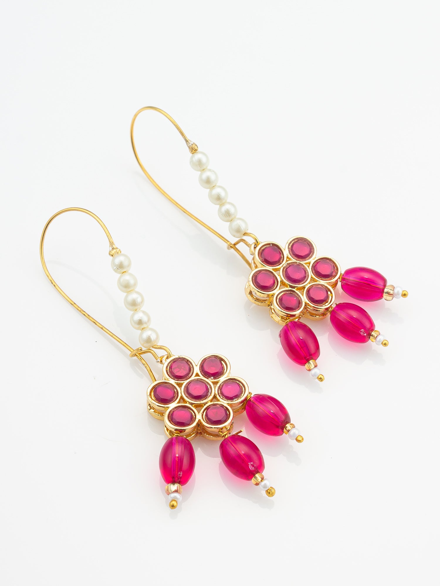 Pink Floral Stone Hook Earrings with Matching Bead Drops and Pearls – View 2 | Aadita Jewelry