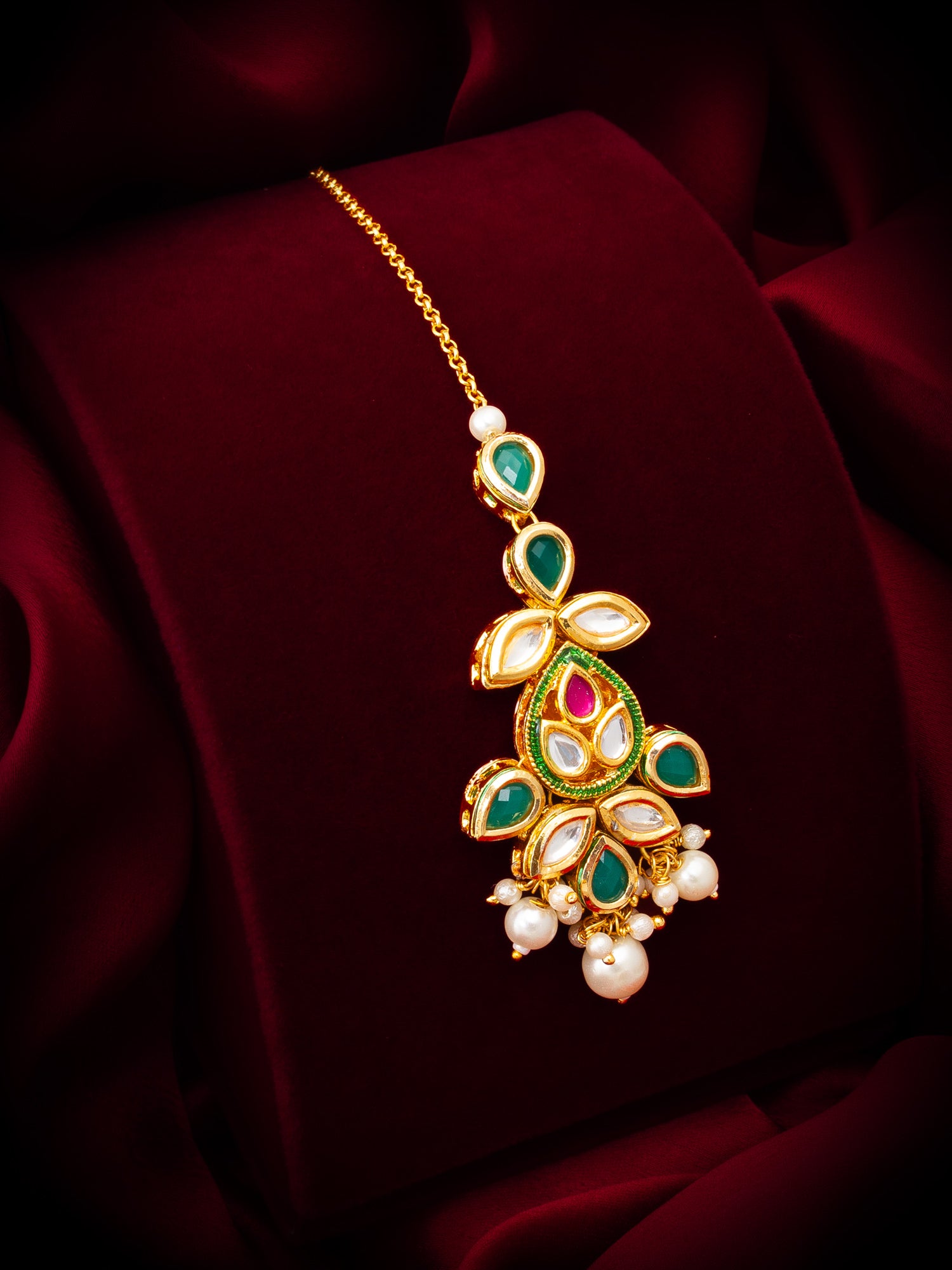 Gold-Plated Kundan and Emerald Green Maang Tikka with Pearl Dangles – View 5 | Aadita Jewelry