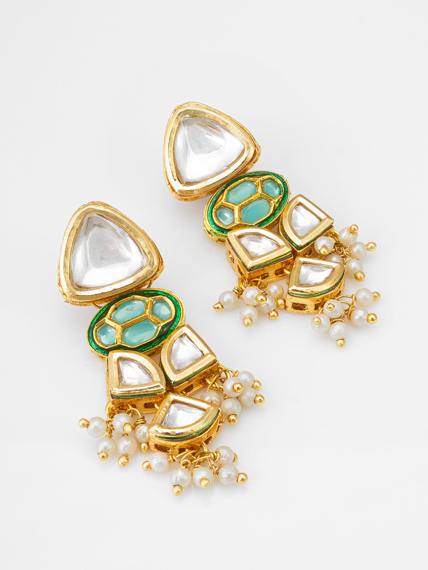 Gold-Toned Kundan Earrings with Meenakari and Pearl Drops | Aadita Jewelry
