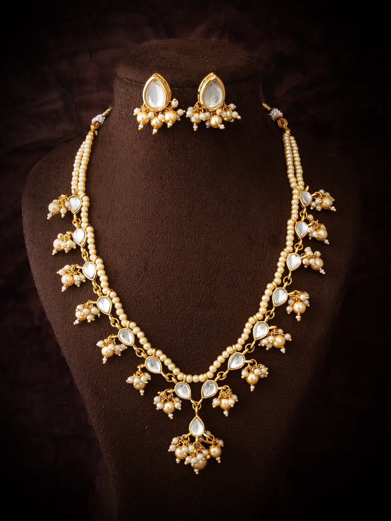 Gold Plated White Beads Kundan Bridal Necklace Set – View 4 | Aadita Jewelry